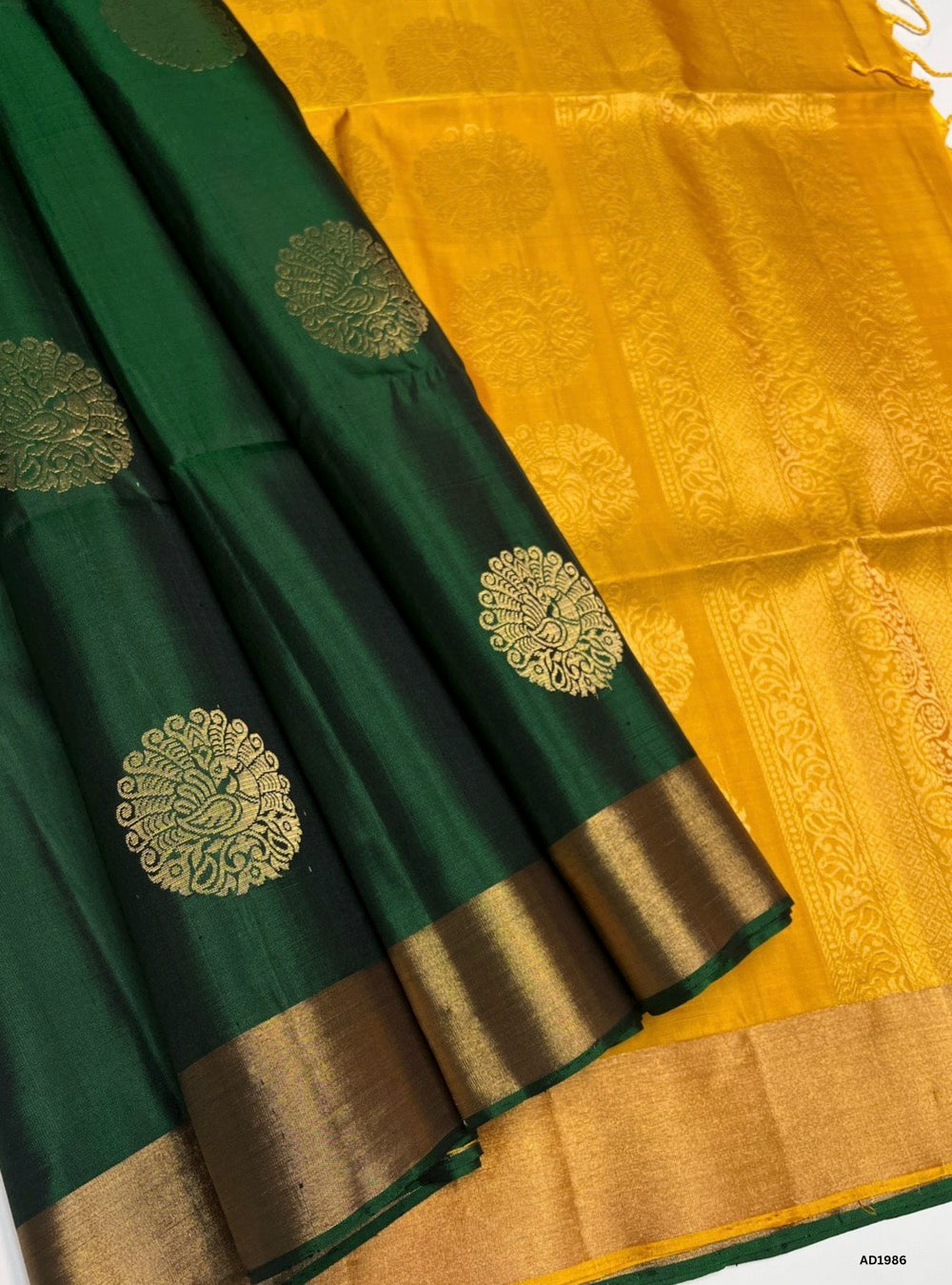 Bottle Green & Yellow - Soft Silk Saree