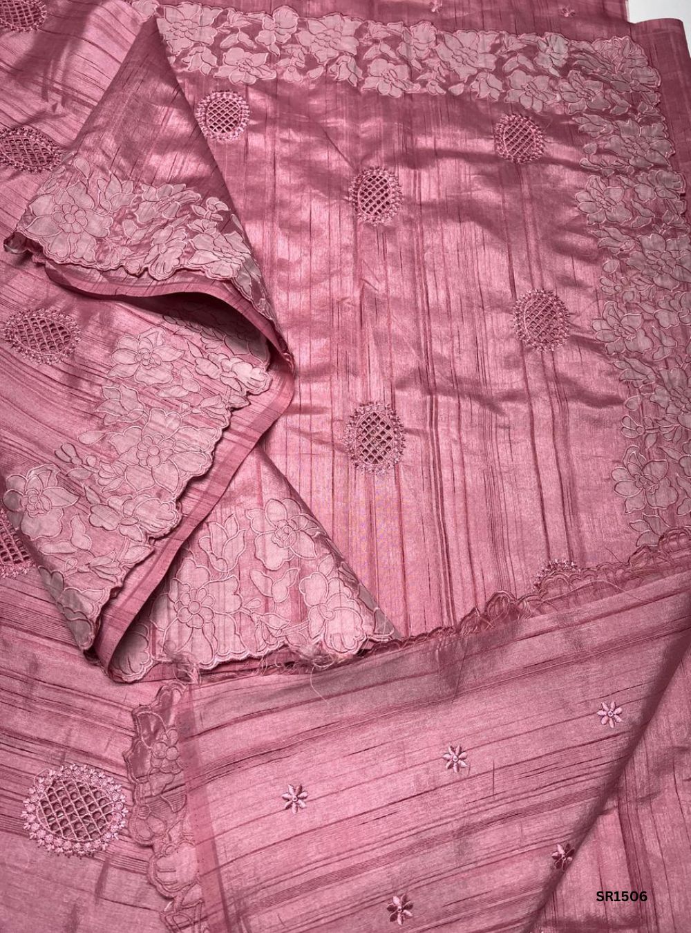 Pink - Semi Tussar Applique Cut Work Saree