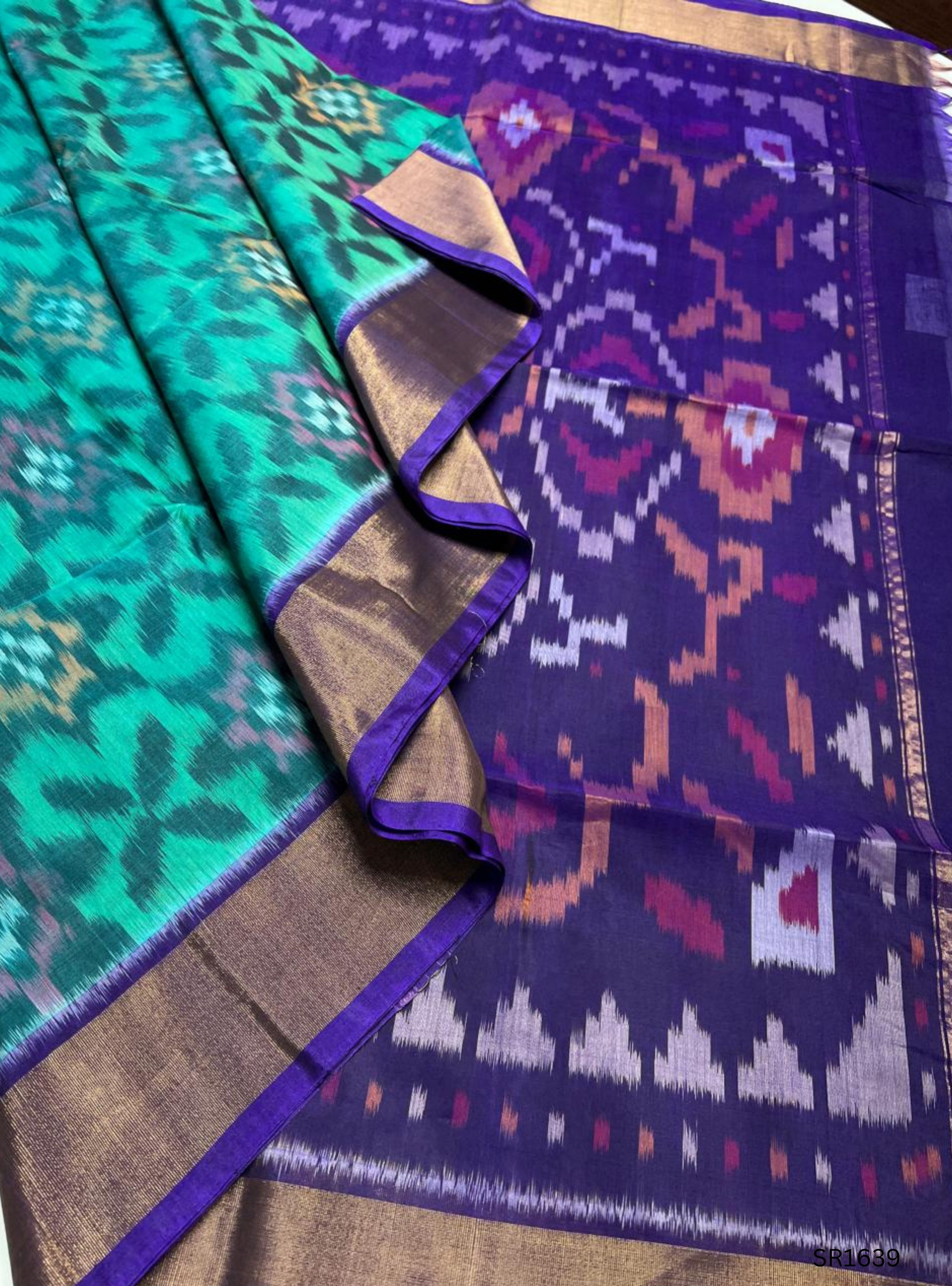 Emeraled Green , Black & Purple - Ikkat Kora Cotton Saree