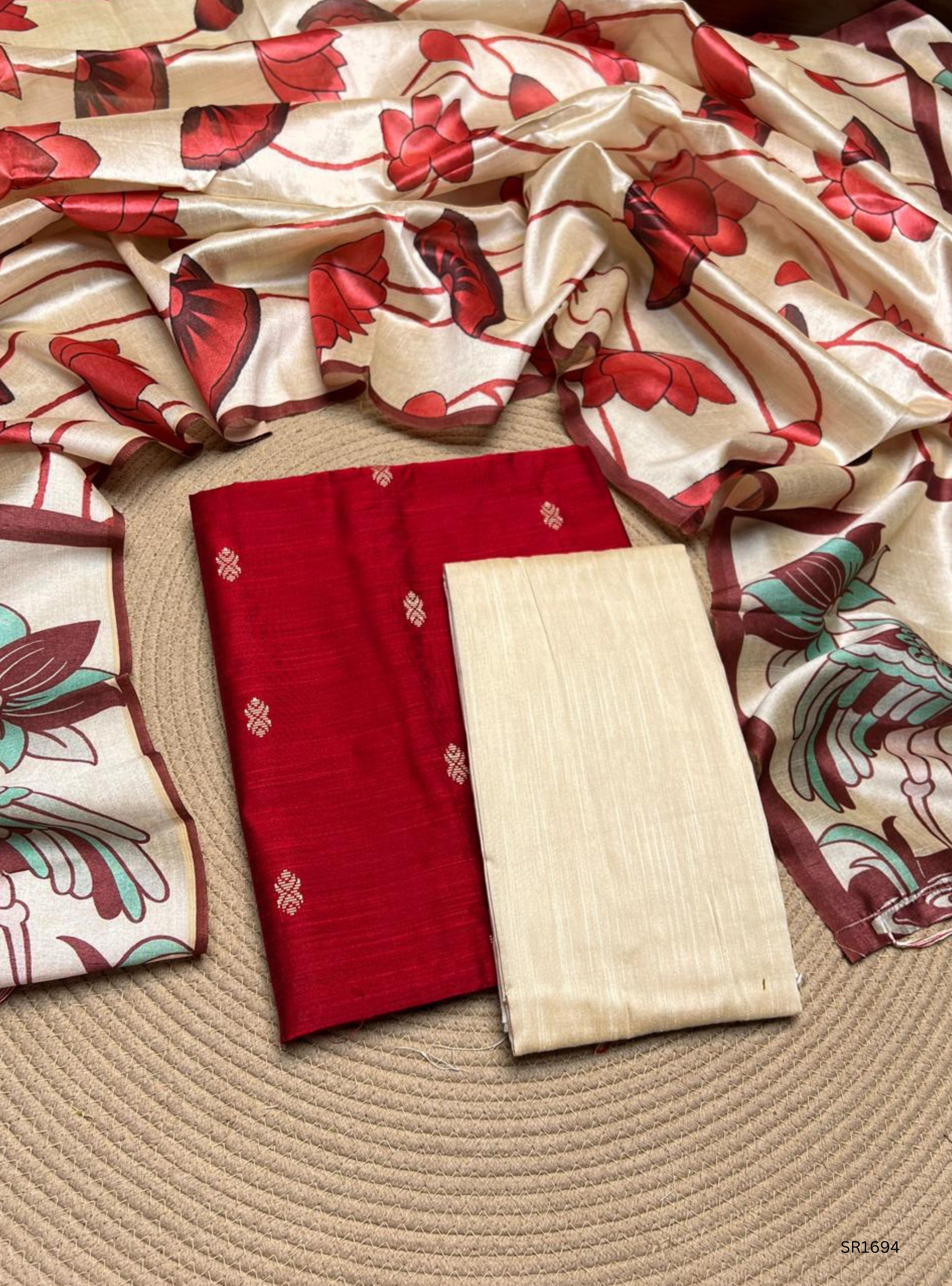Red  - Raw Silk Unstiched Suit 3 Pc Set