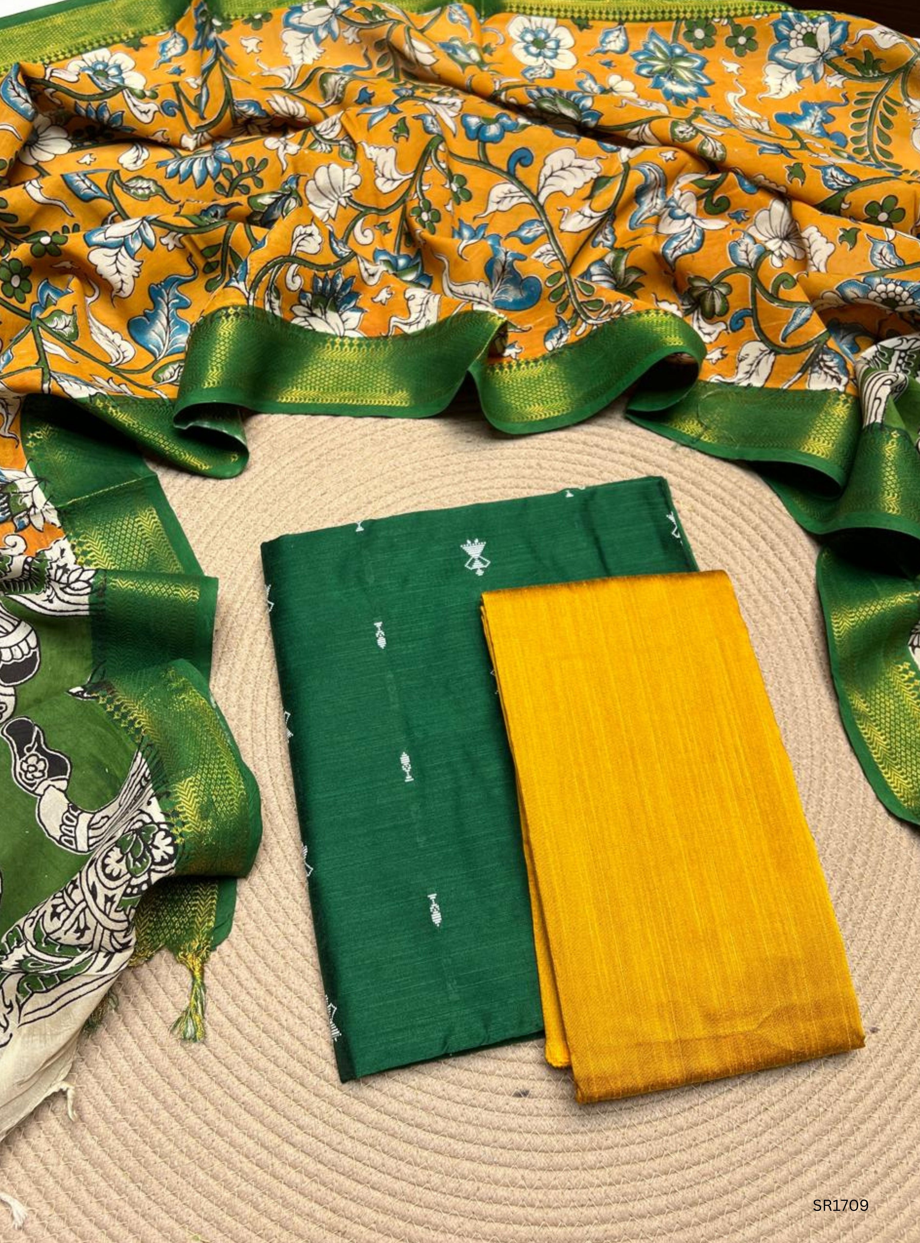 Green - Raw Silk X Kalamkari Unstiched Suit 3 Pc Set