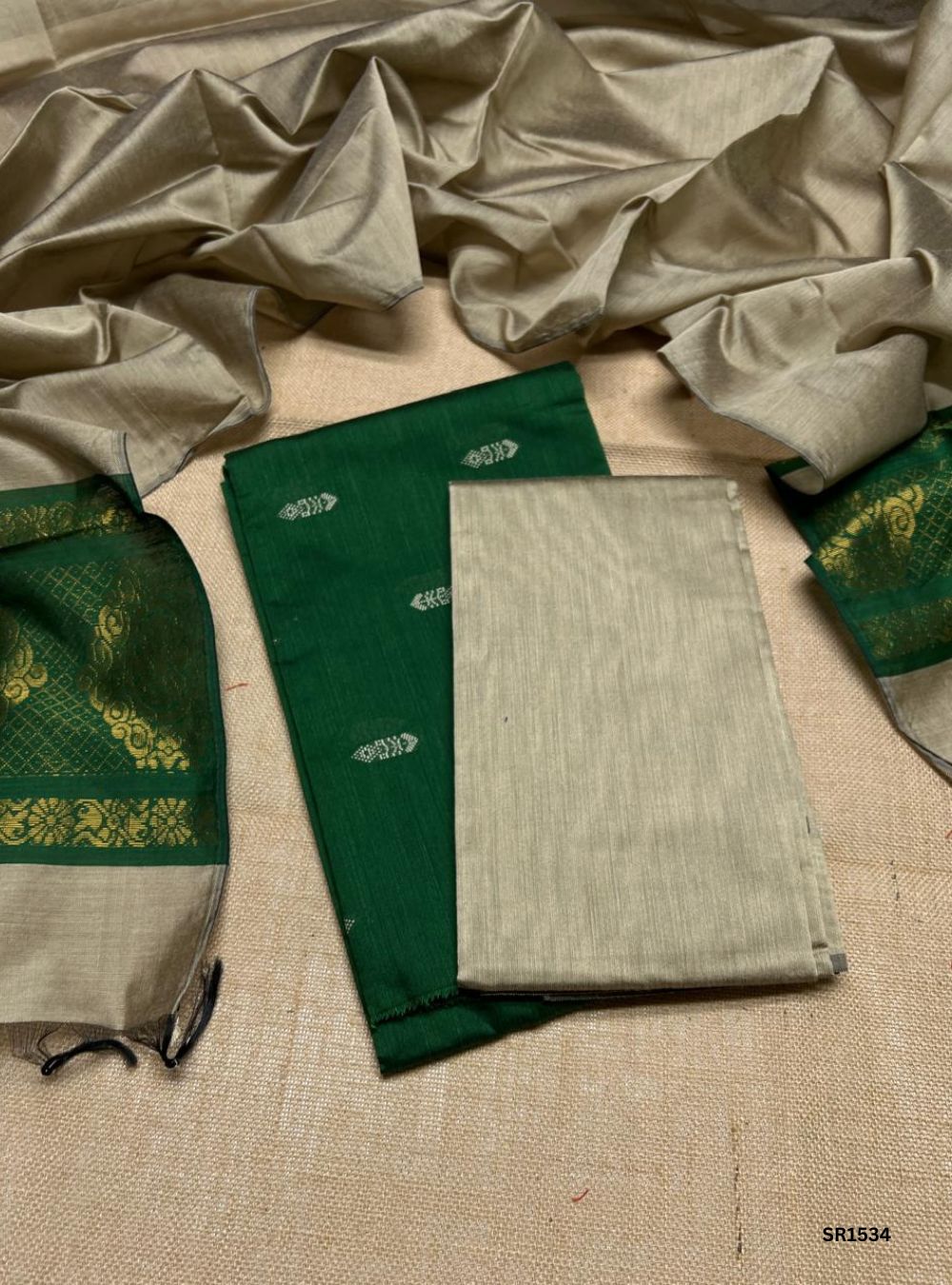Green - Raw Silk Unstiched Suit 3 Pc Set