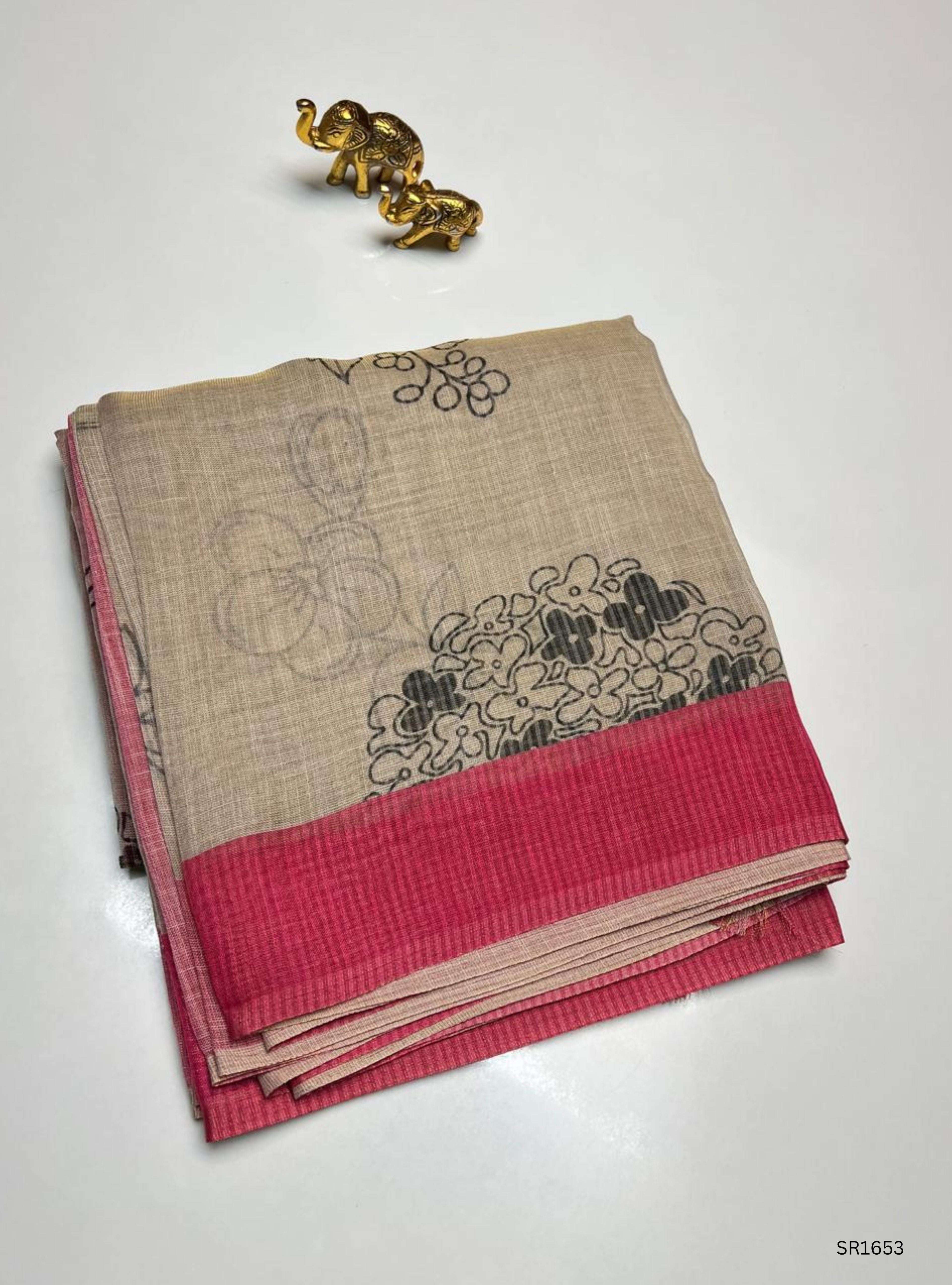 Cream& Pink - Linen  Saree
