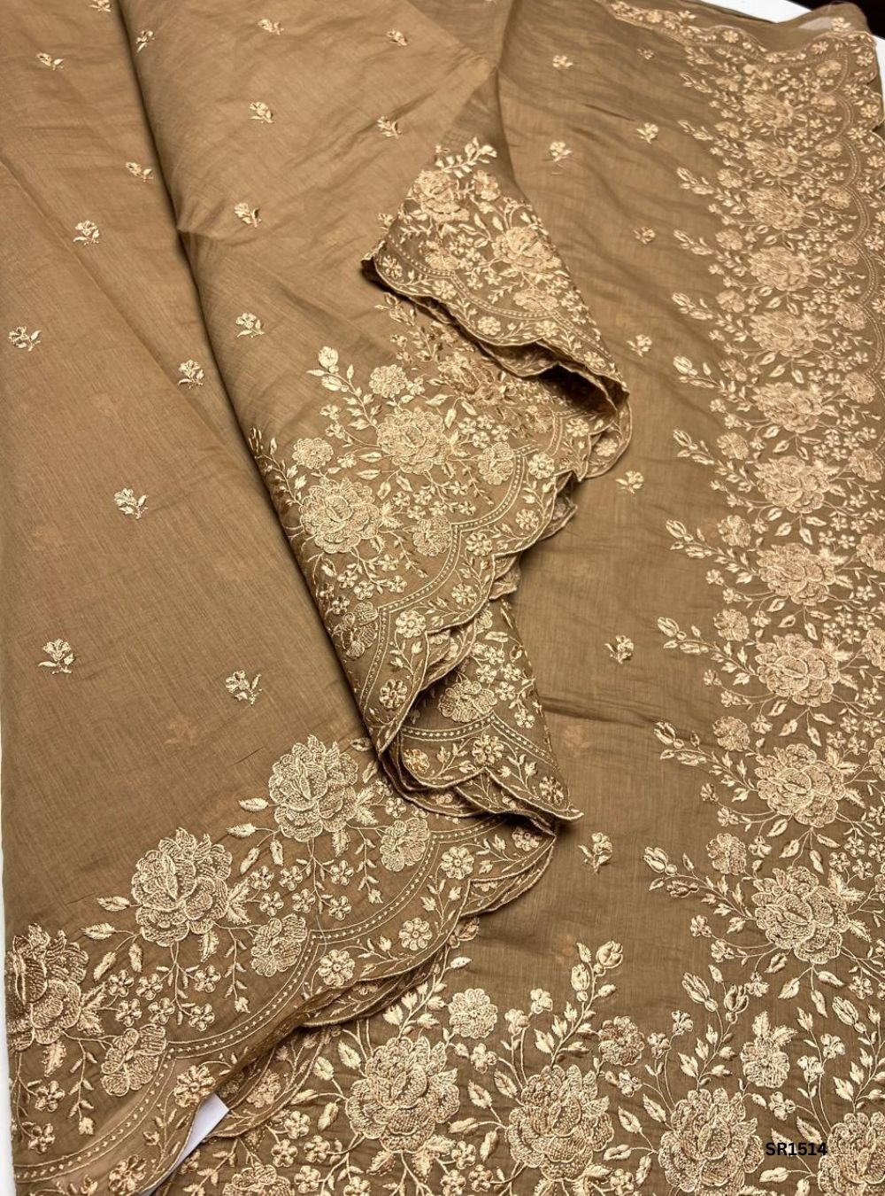 Peanut Brown - Mul chanderi Thread Embroided Saree