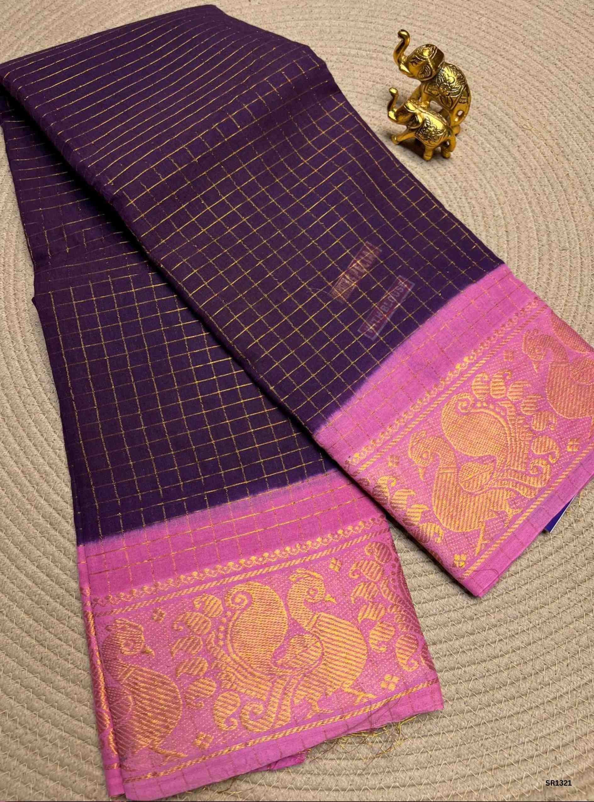 Jamun & Pink - Zari Checks Chungudi Cotton Saree