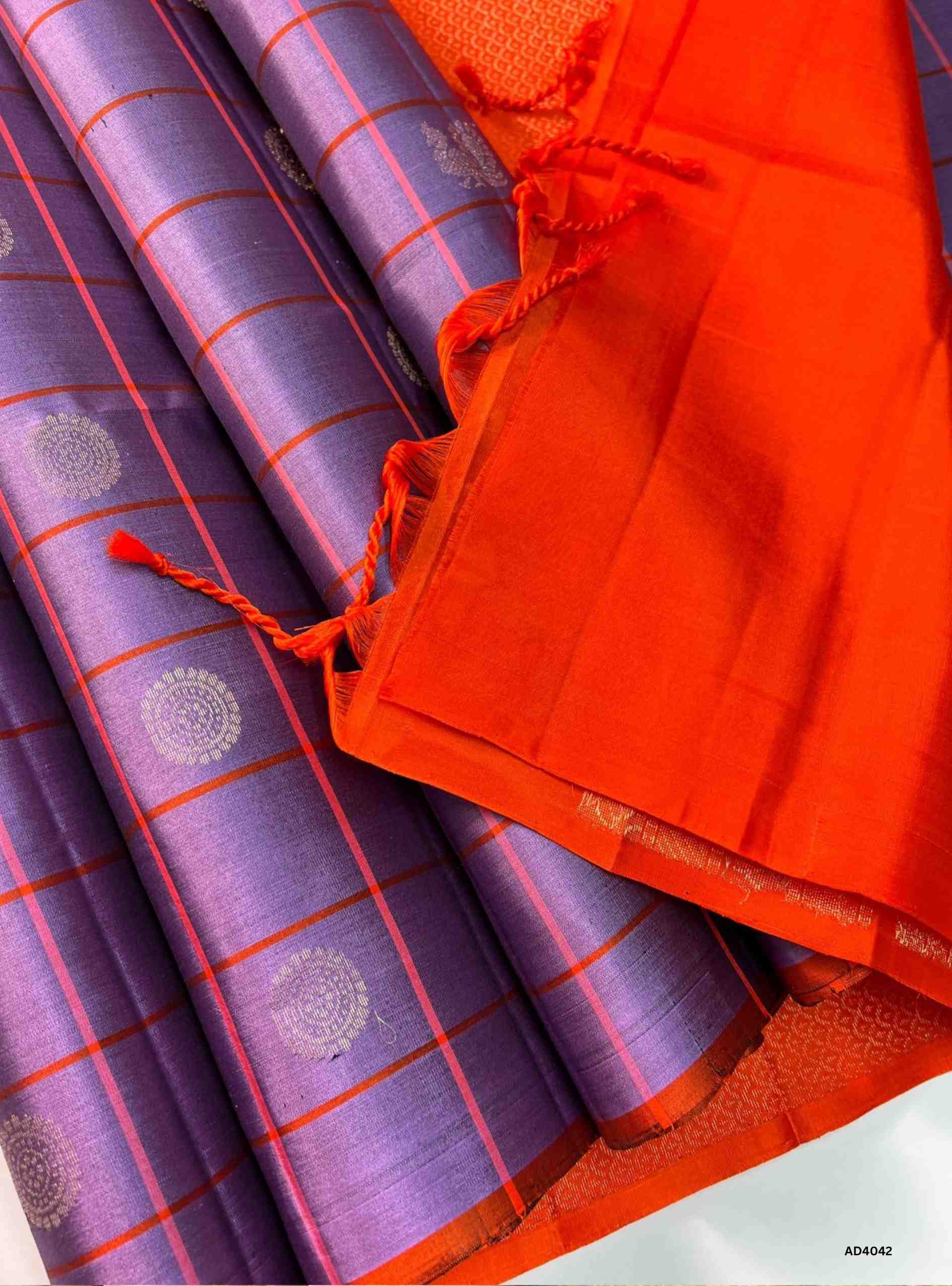 Grape & Orange - Checkered Soft Silk Saree