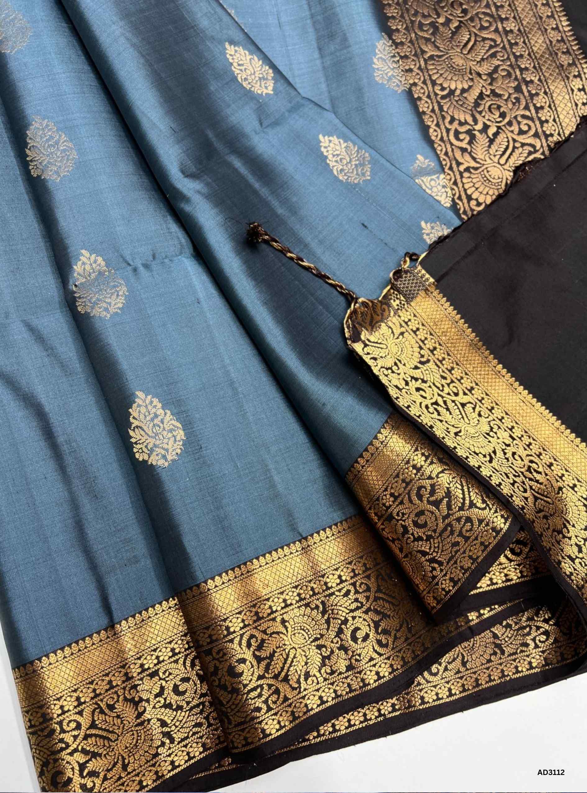 Dark Blue Grey & Dark Coffee Brown - Soft Silk Saree