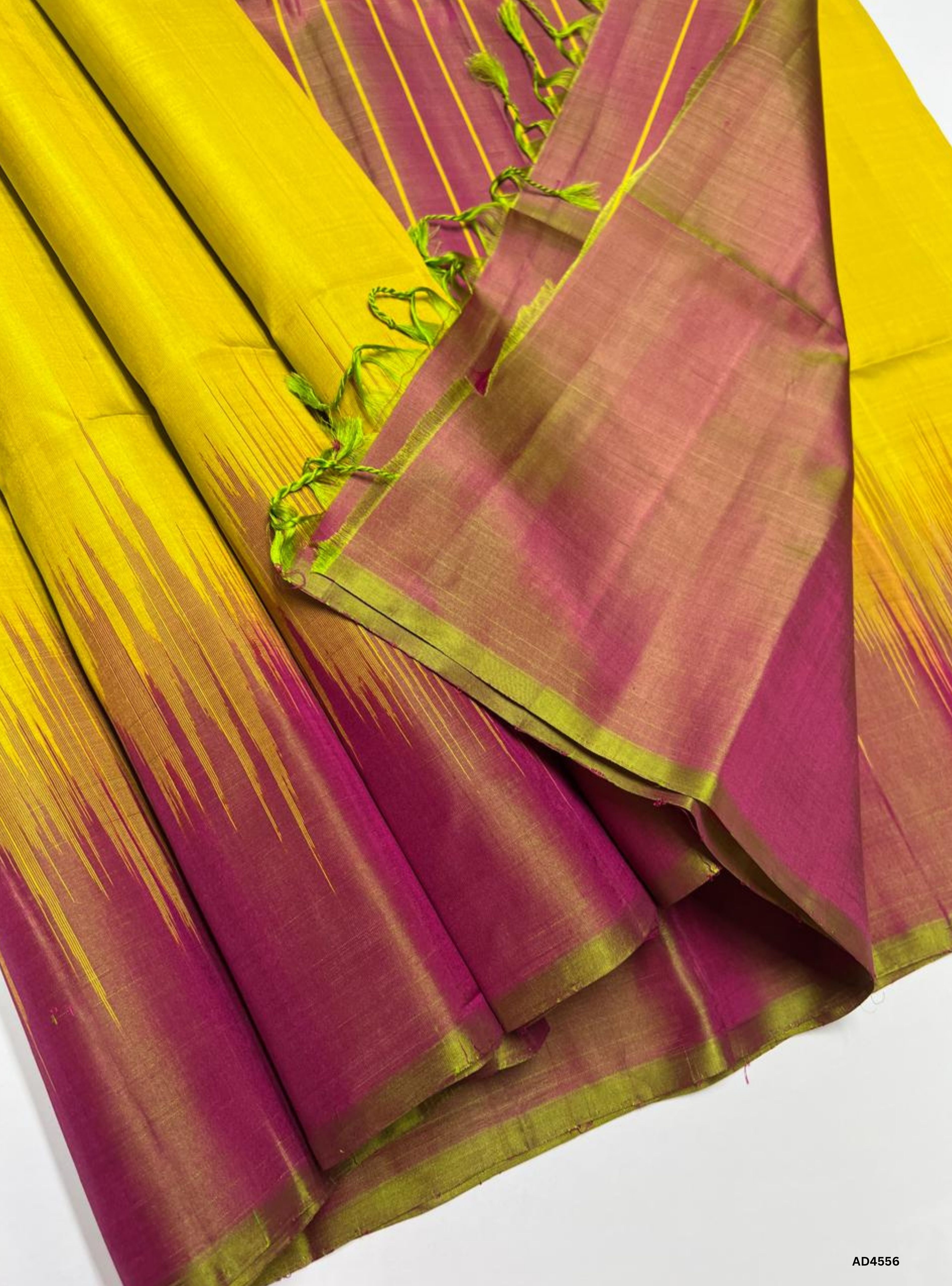 Lime Yellow & Dual Tone Pink - Contrast Plain Soft Silk Saree