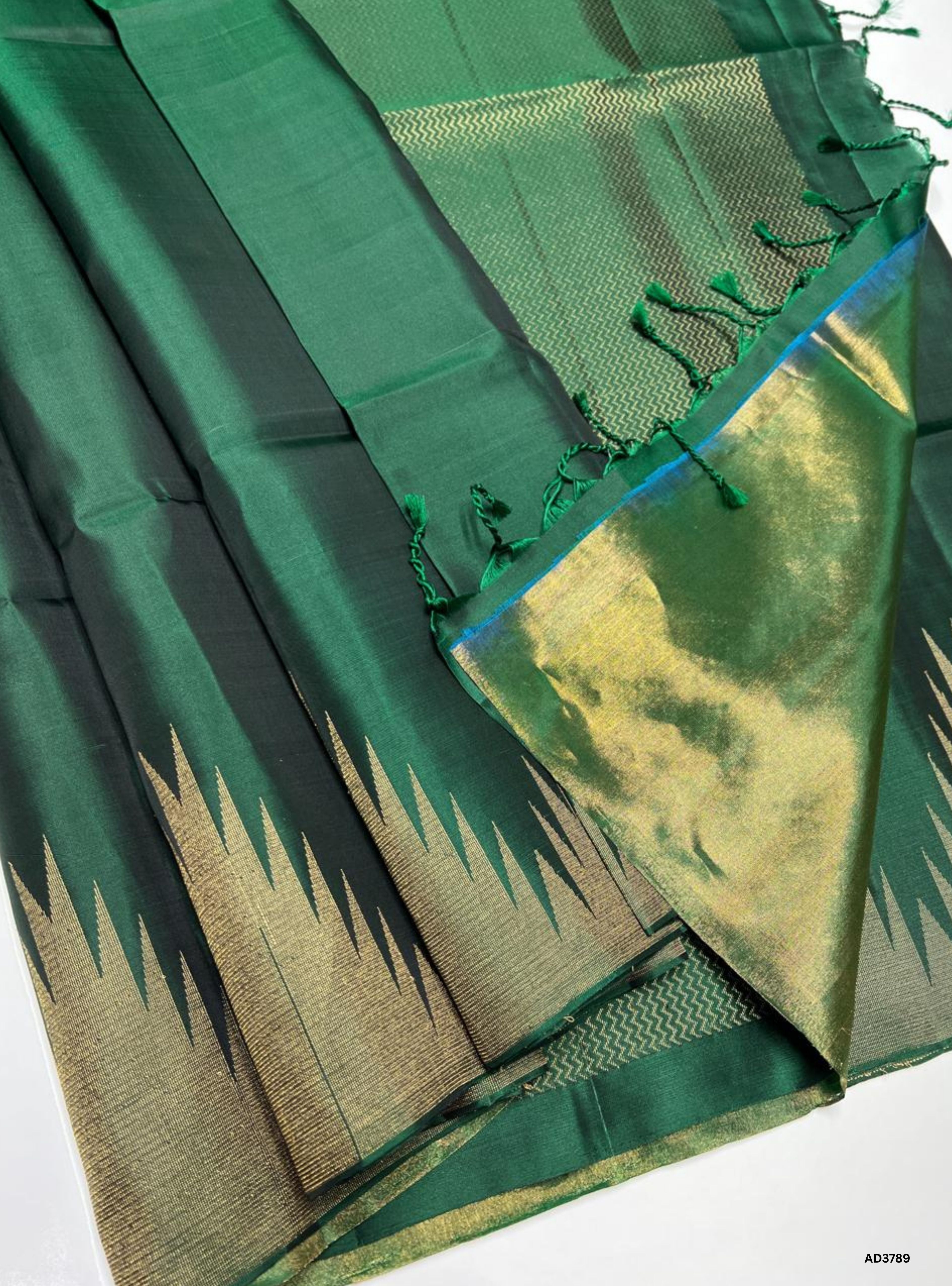 Dark Green - Temple Border Soft Silk Saree