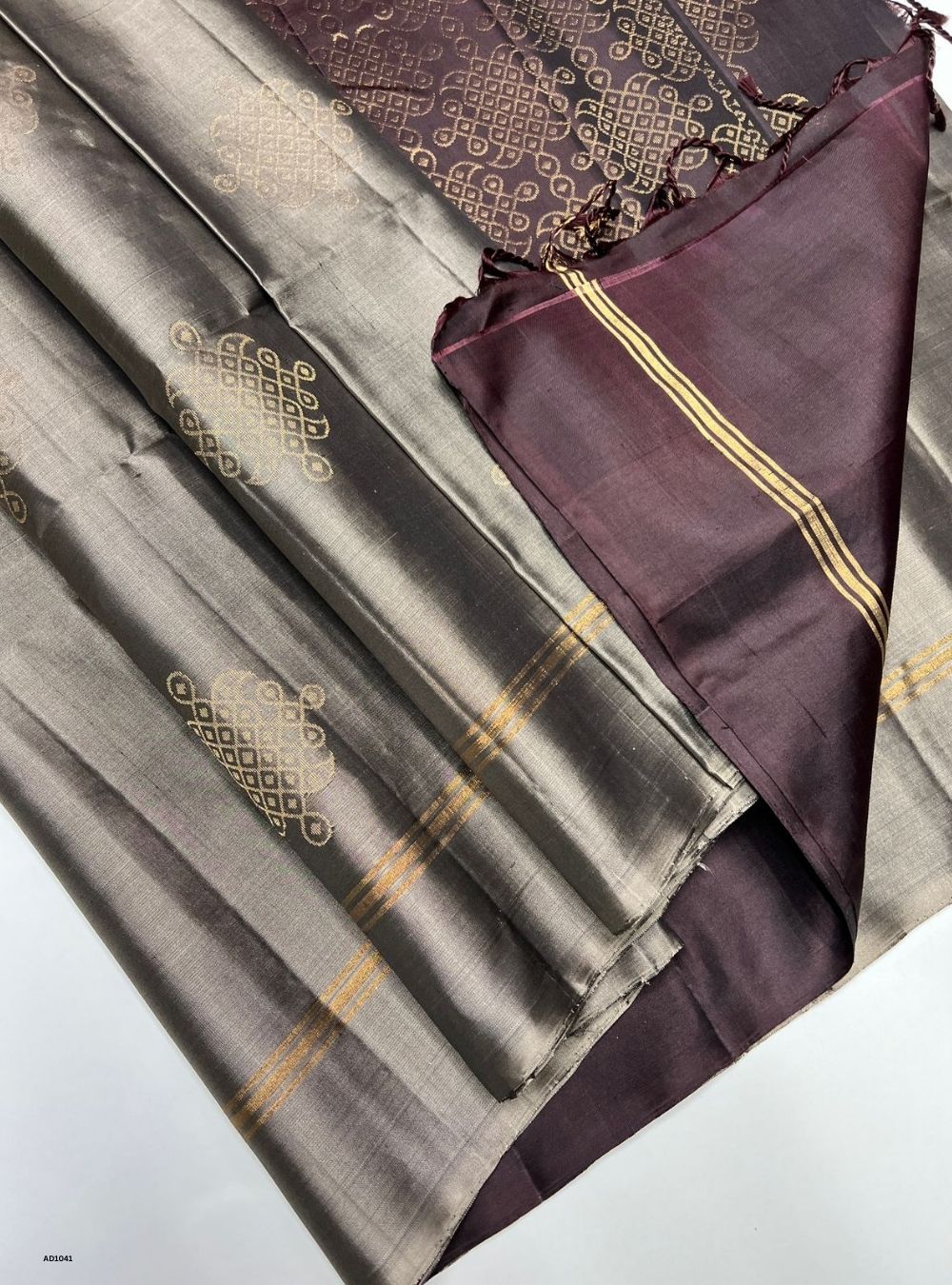Grey & Coffee Brown - Soft Silk Saree