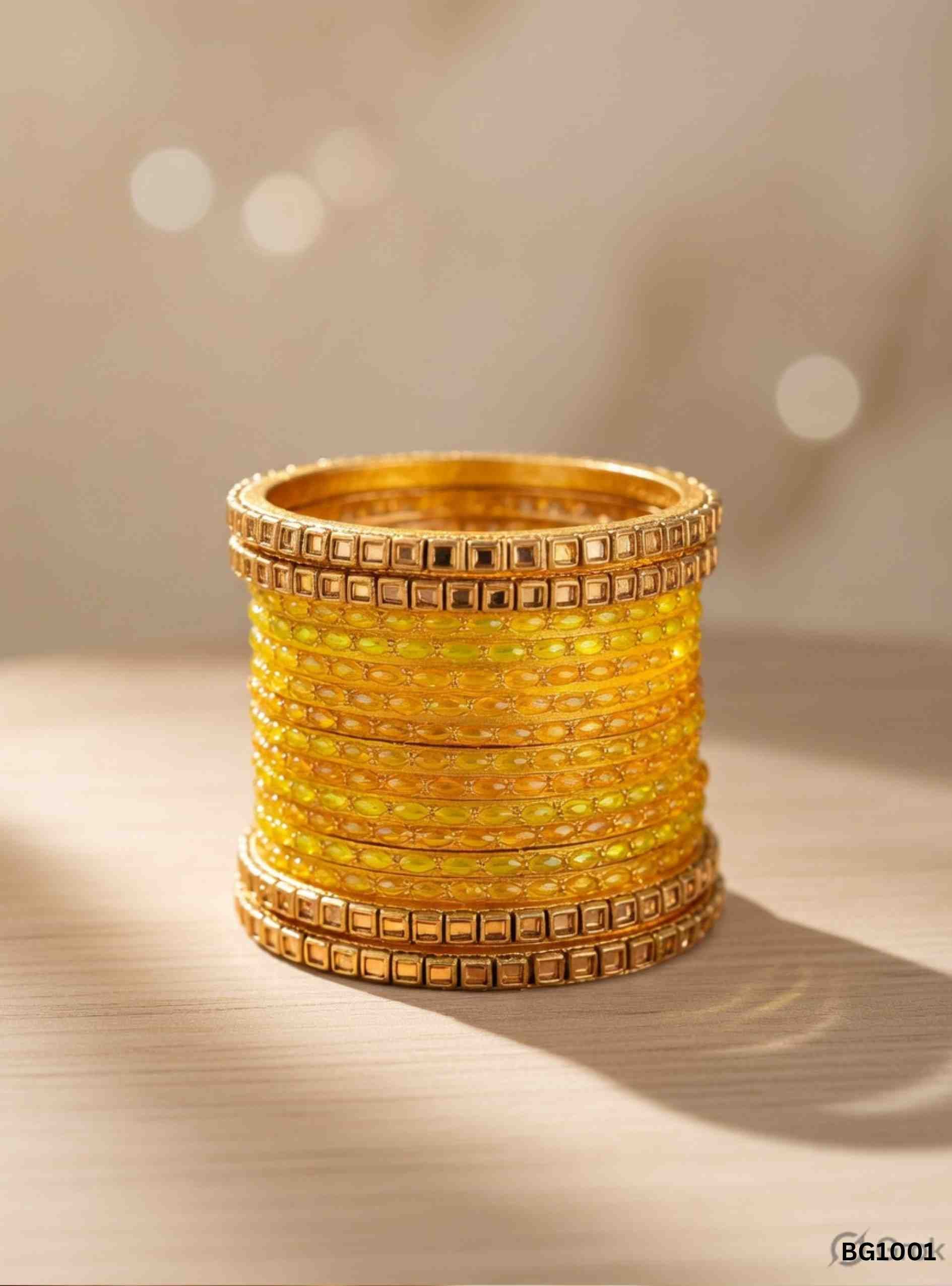 Yellow - Raindrop & Kundan Bangle Set