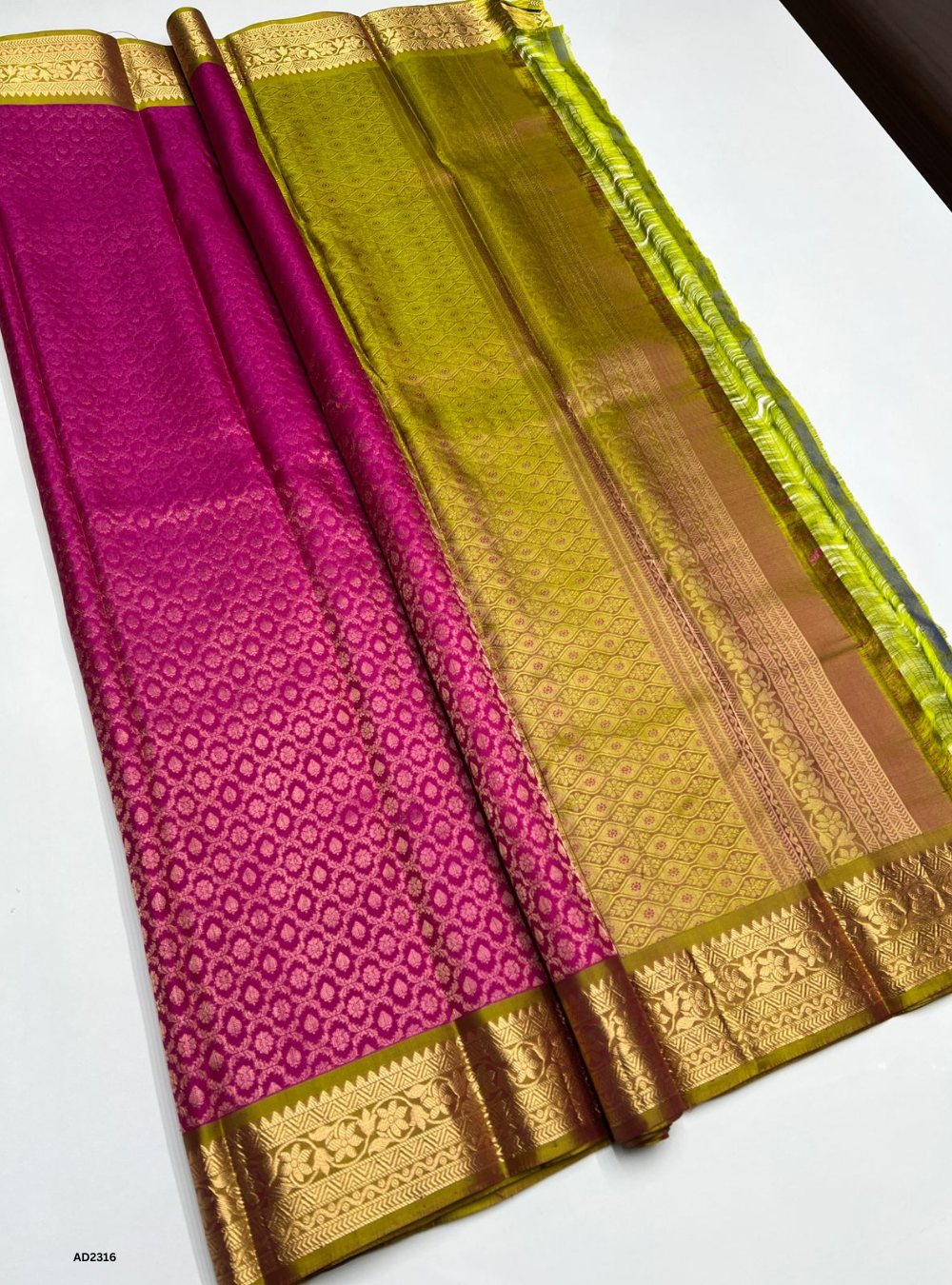 Raspberry & Green - Soft Silk Saree