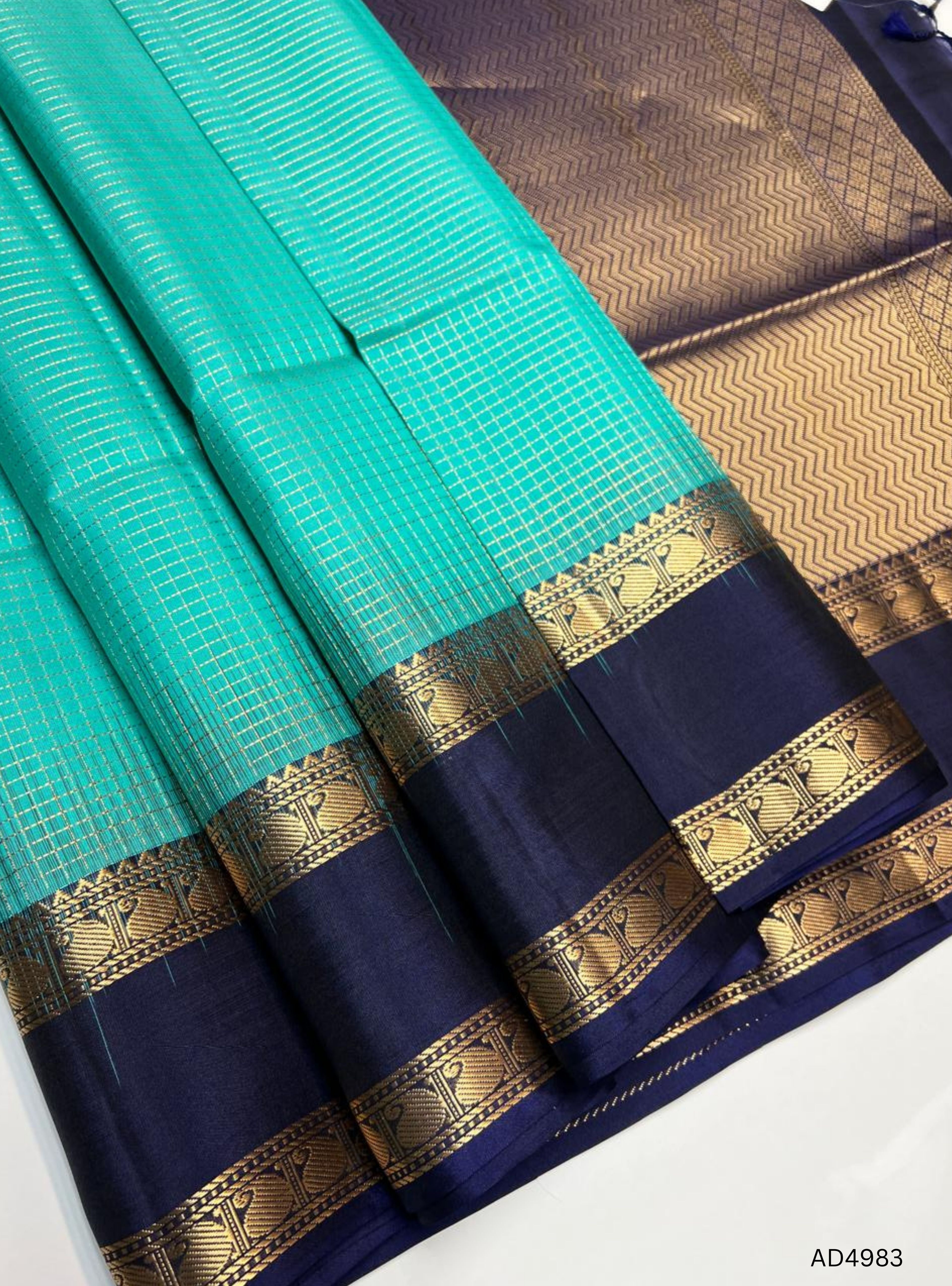 Ice Blue & Ink Blue - Checkerd Retta Pet Soft Silk Saree