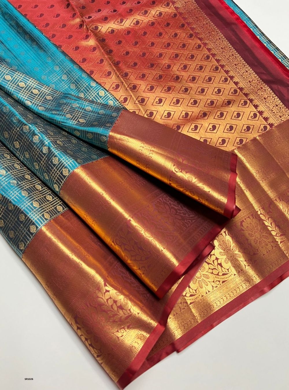 Peacock Green & Maroon - Semi Kanjeevaram Saree