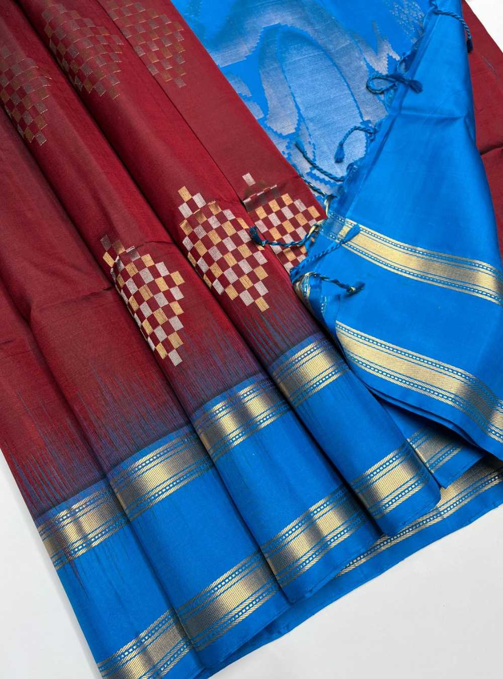 Maroon & Blue - Soft Silk Saree