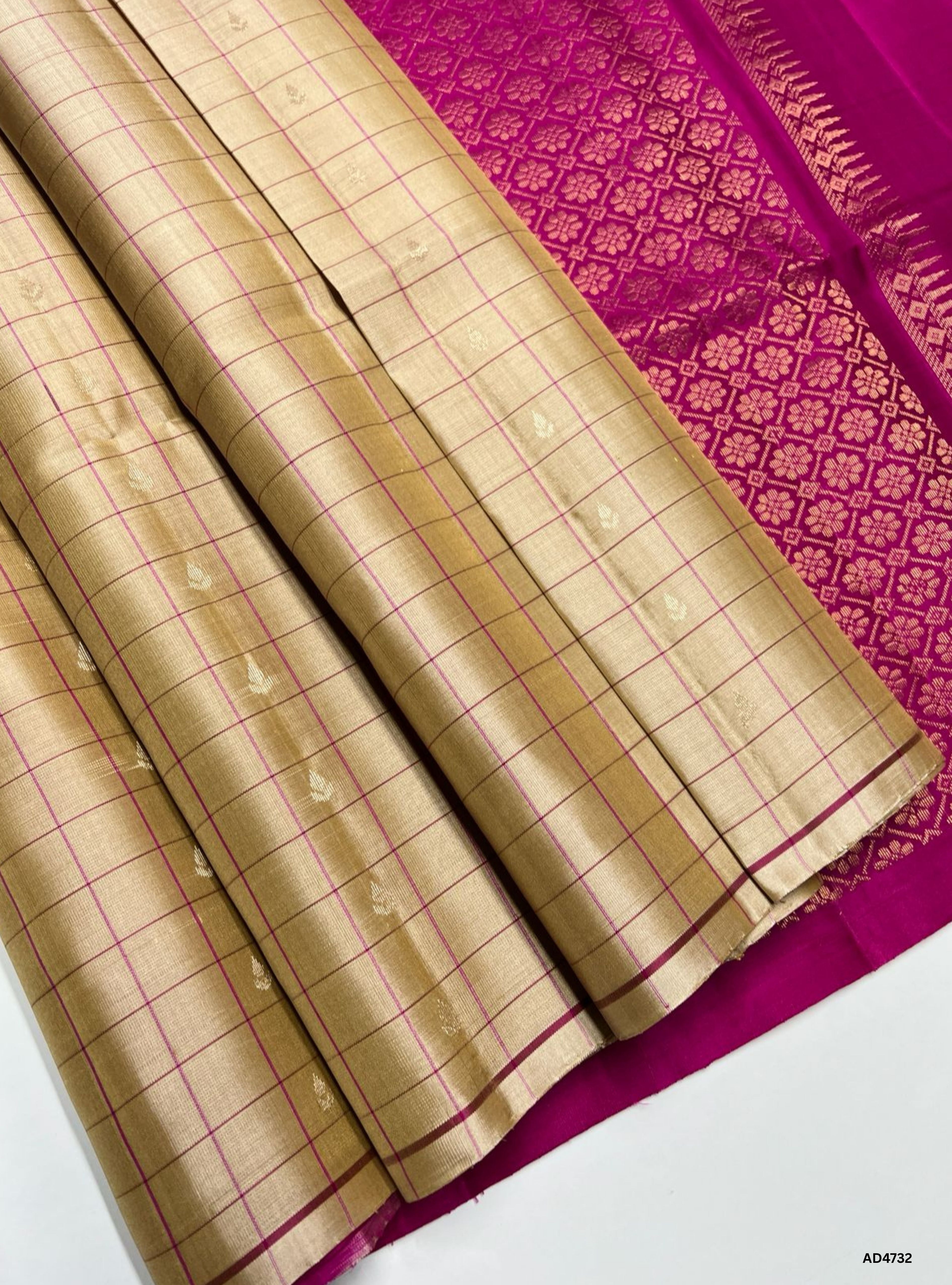 Beige & Rani Pink - Checkerd Soft Silk Saree