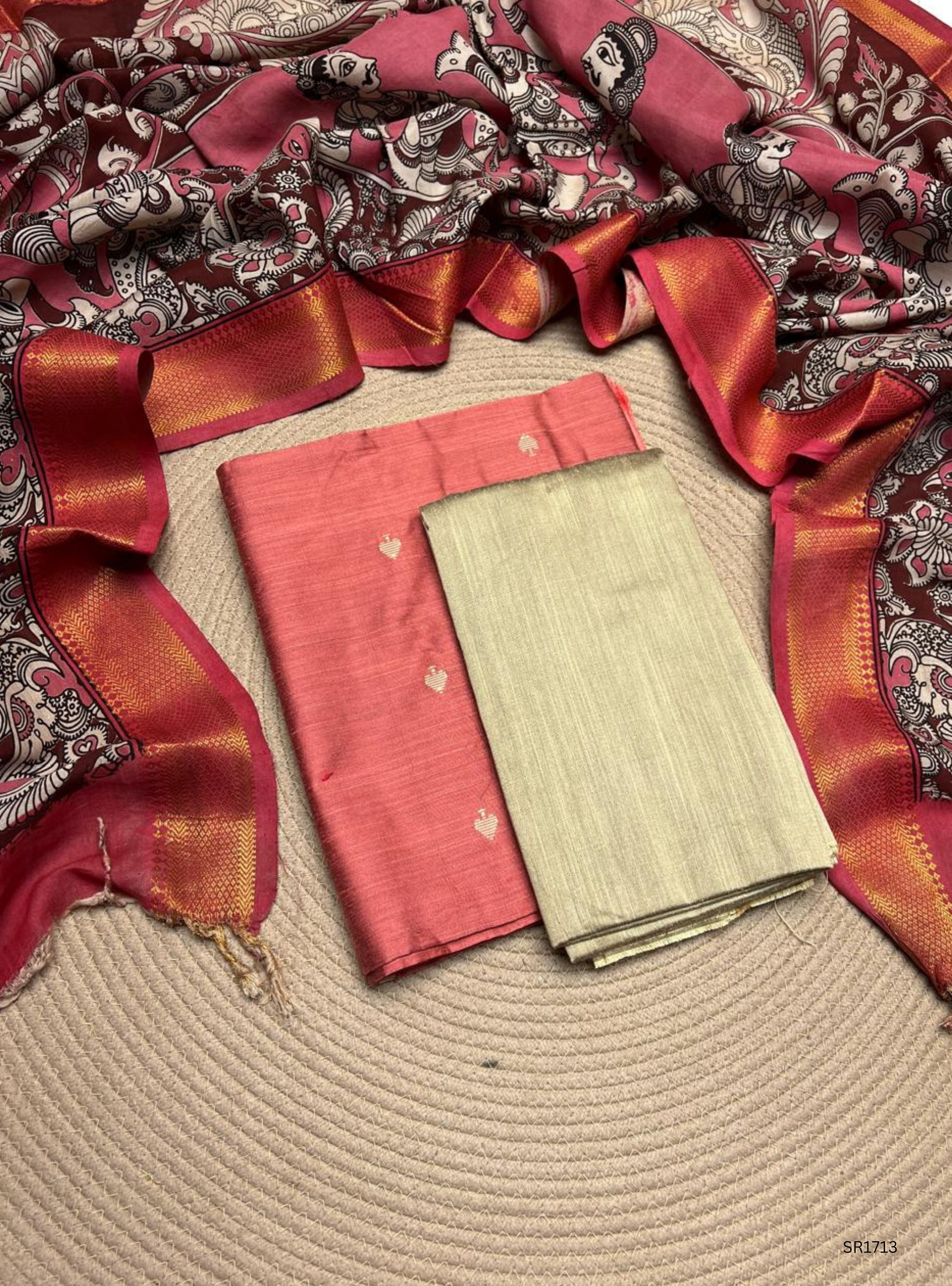 Peach - Raw Silk X Kalamkari Unstiched Suit 3 Pc Set