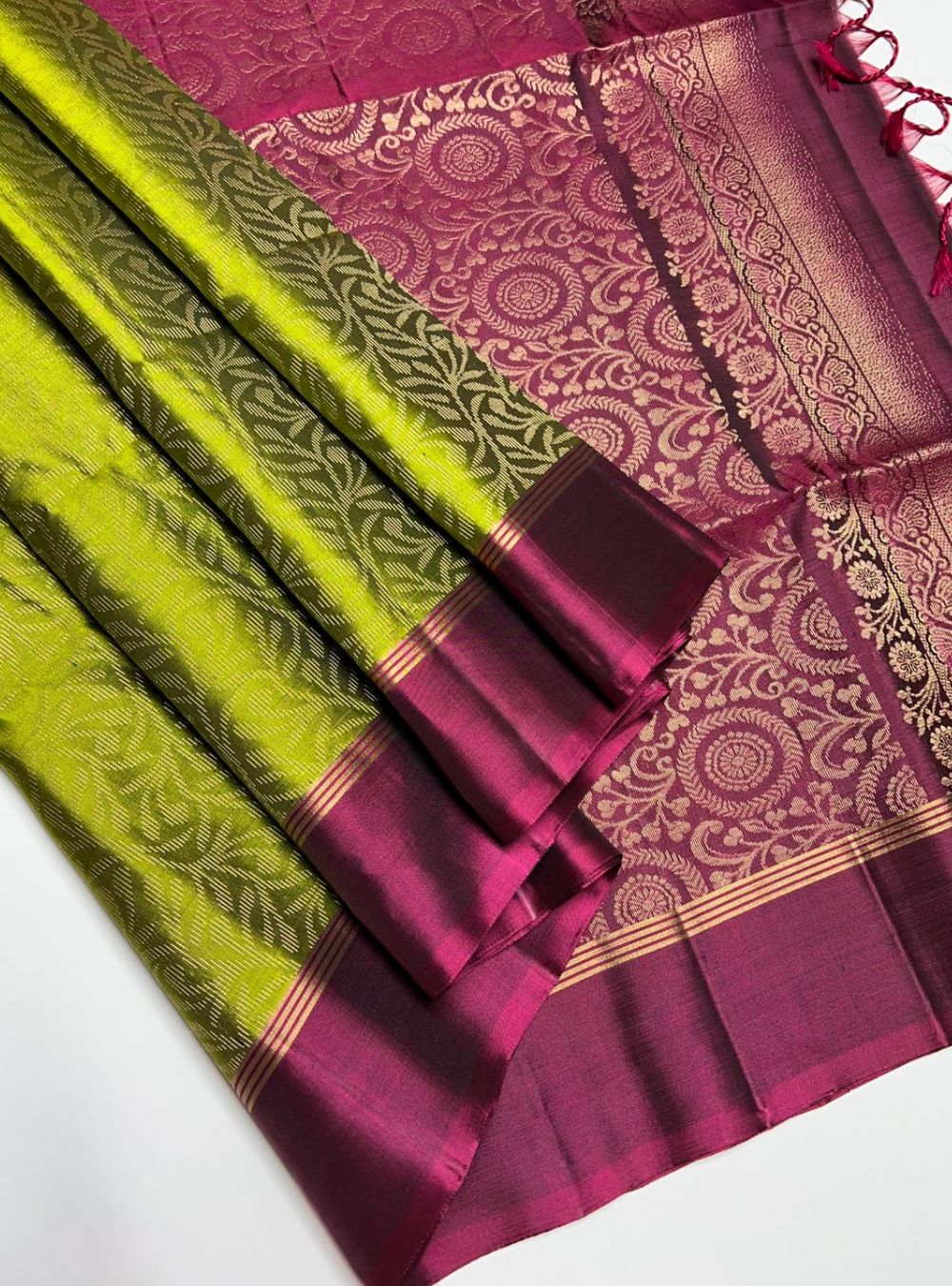 Lime Green & Magenta - Soft Silk Saree