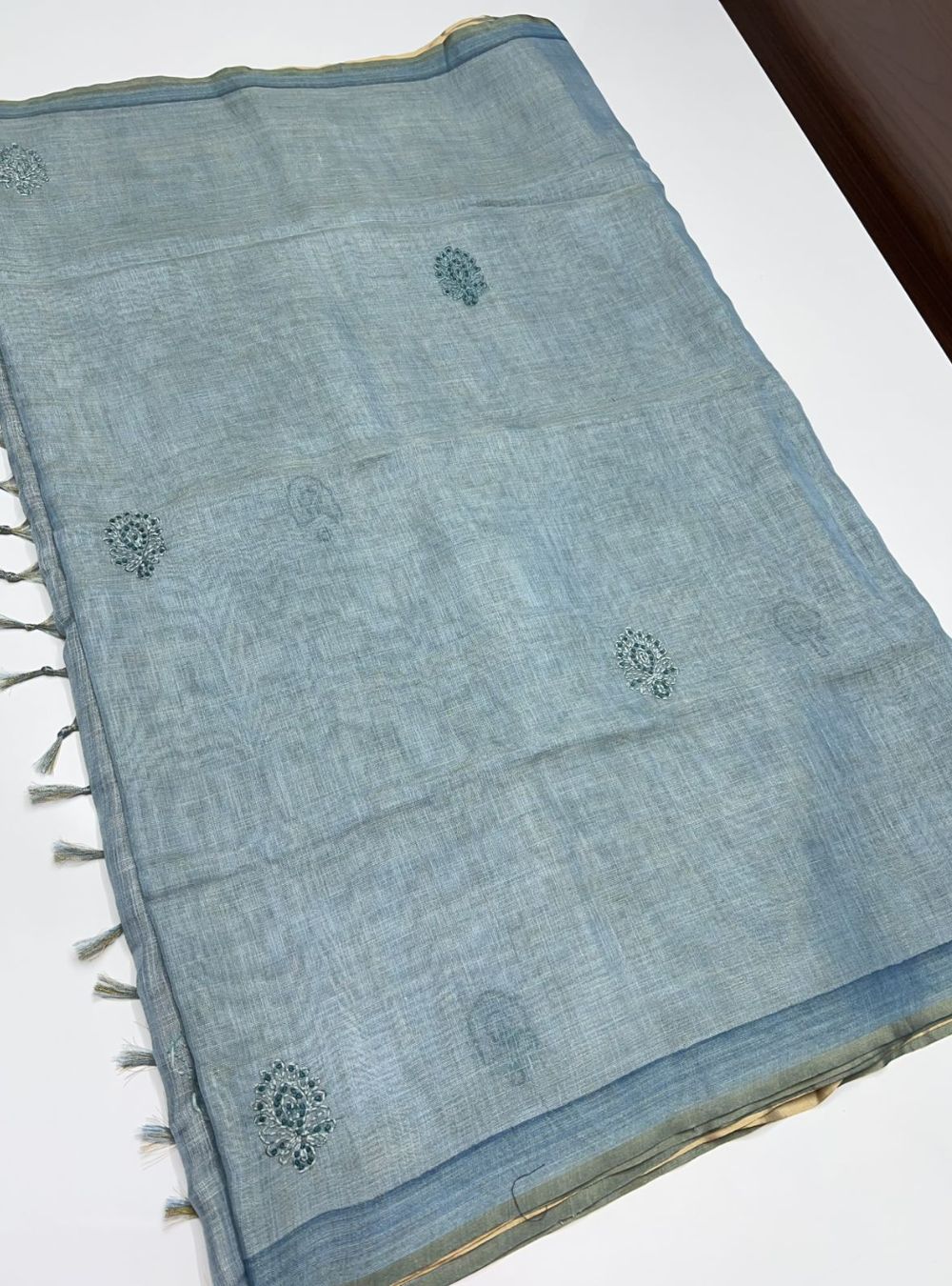 Dusty Blue - French knot Saree