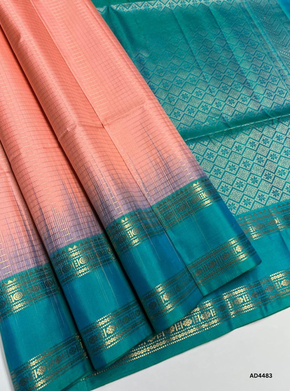 Peach & Aquva Green - Checkerd Retta Pett Saree