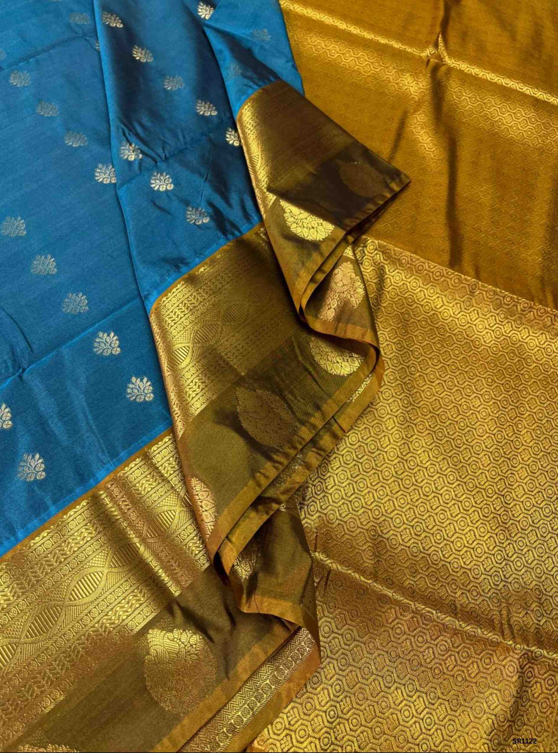 Teal & Mehendi Brown - Semi Silk Saree