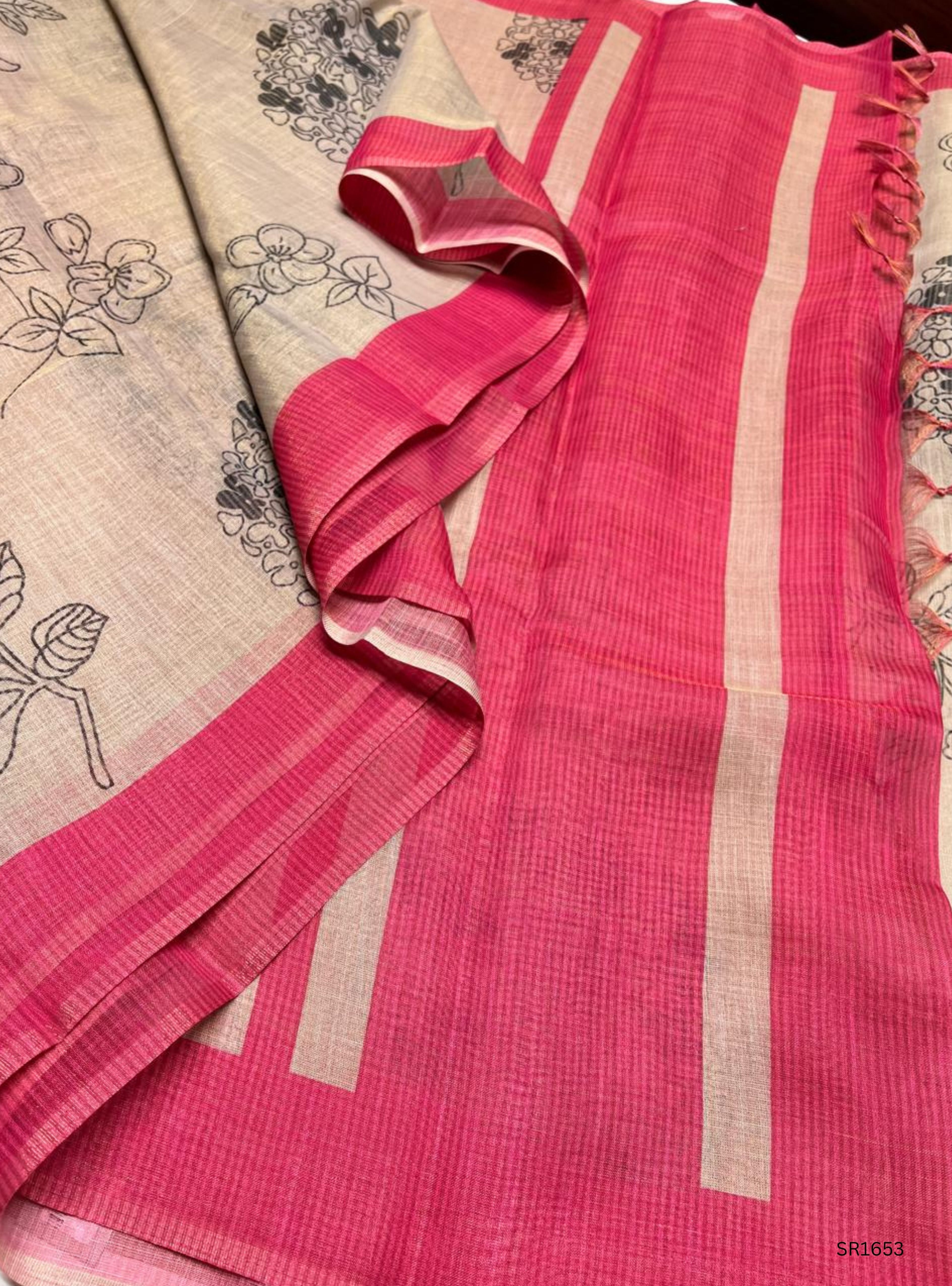 Cream& Pink - Linen  Saree