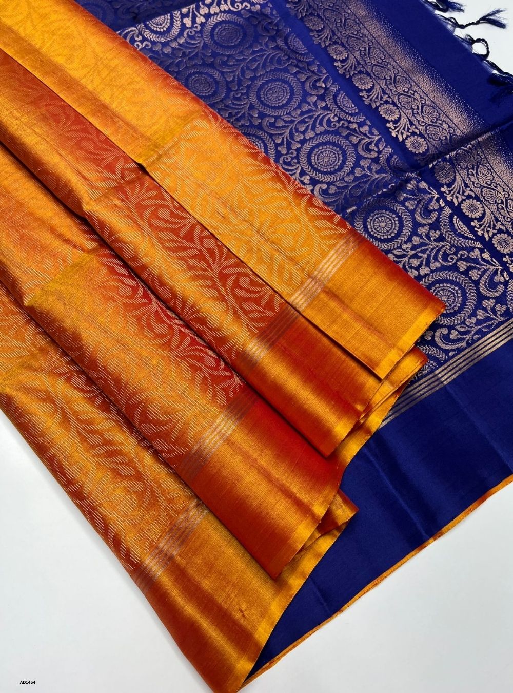 Mango Yellow & Navy - Soft Silk Saree
