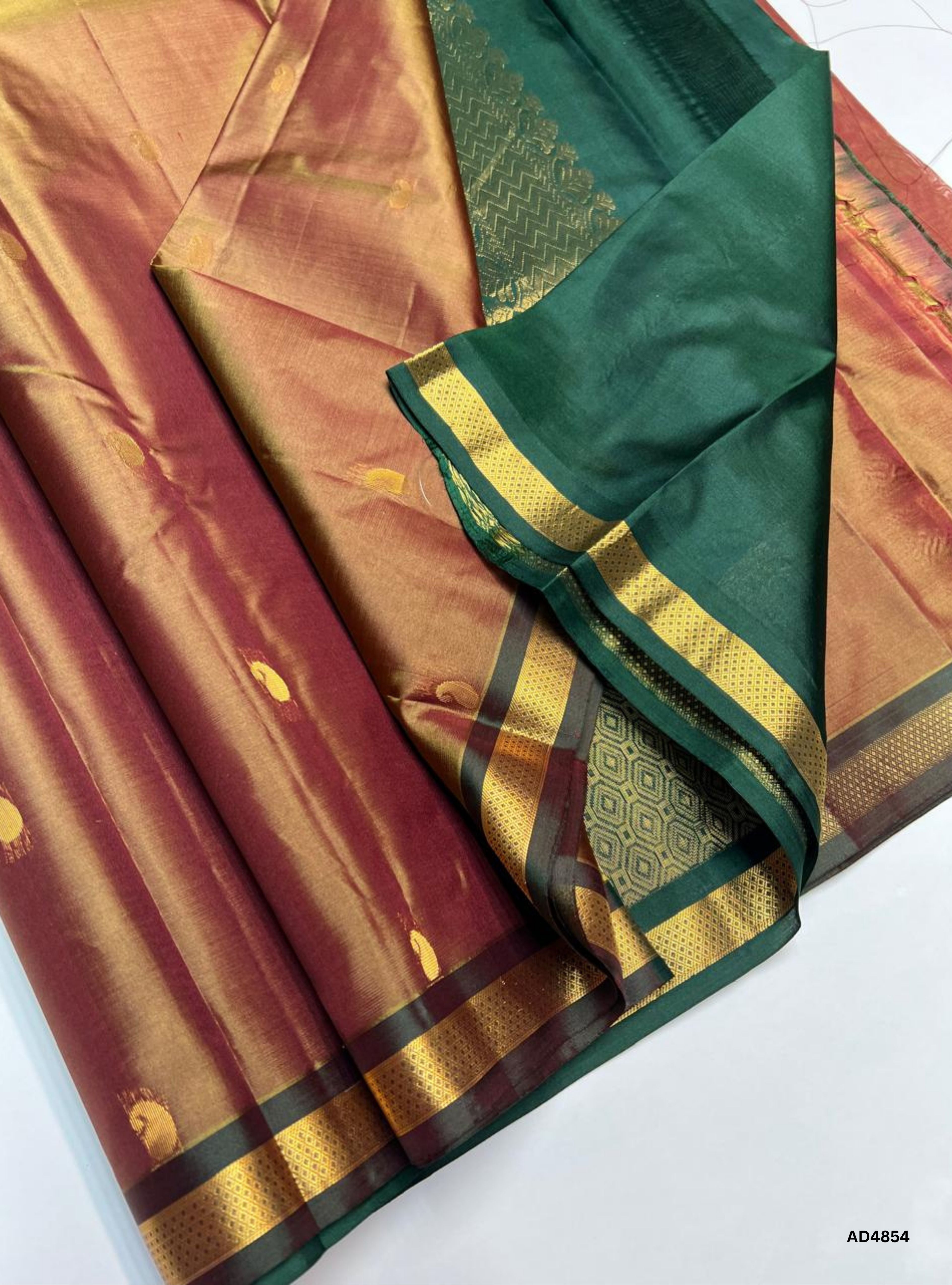 Dual Tone Brown & Green - Kanchi Border Soft Silk Saree