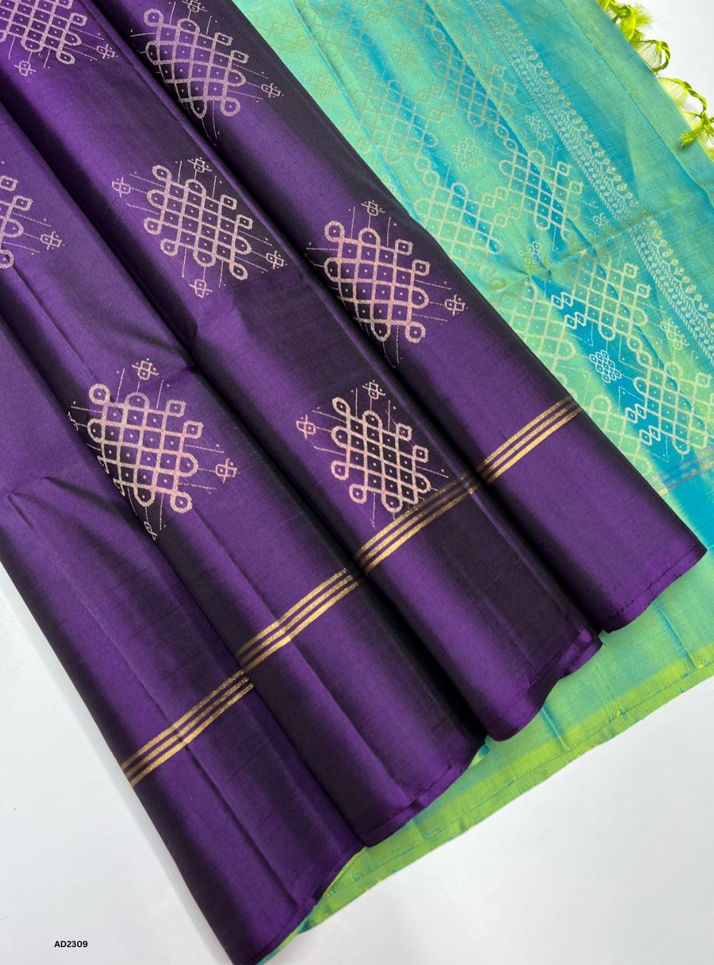 Purple & Sea Green - Kolam Soft Silk Saree
