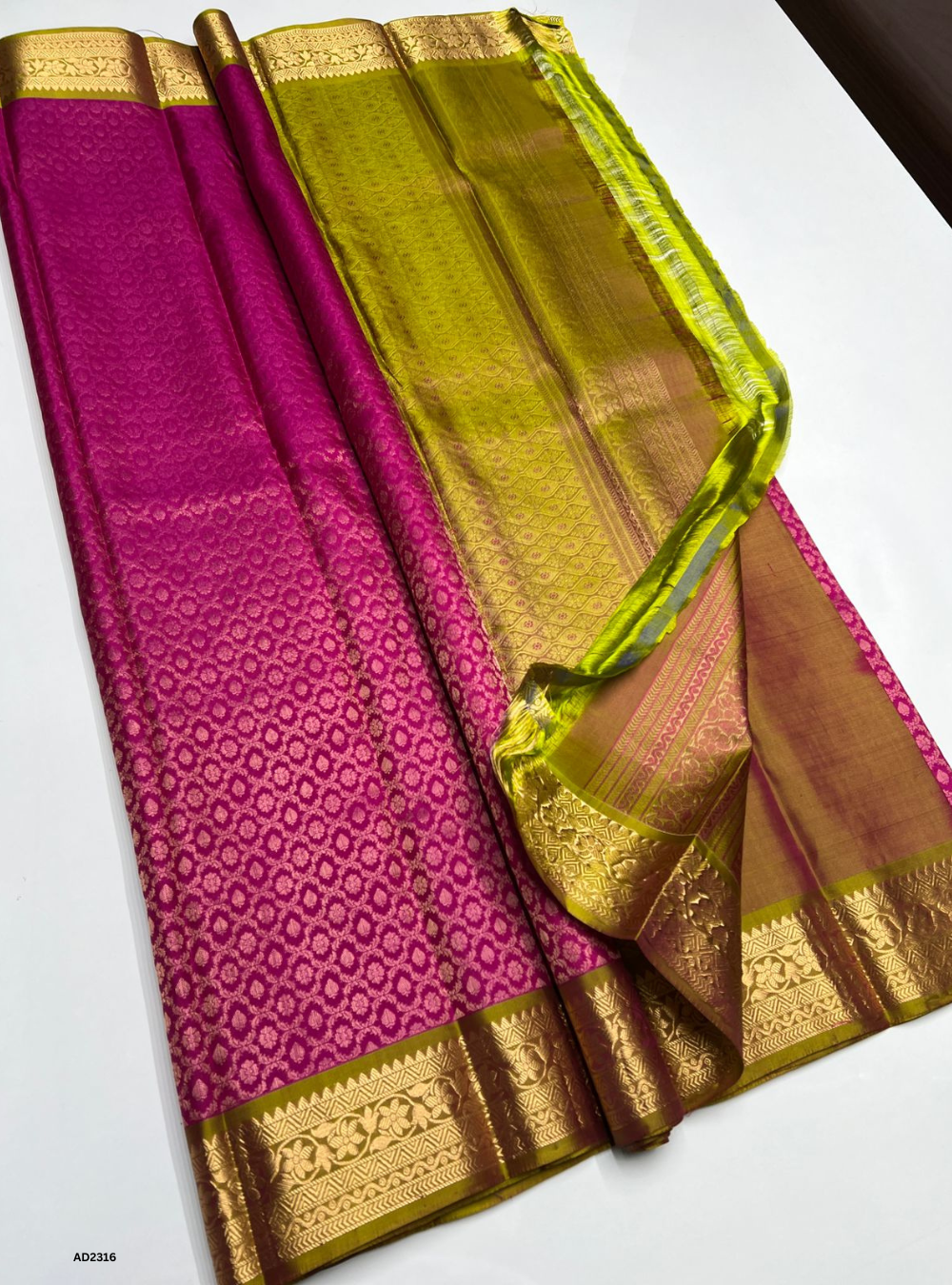 Raspberry & Green - Soft Silk Saree