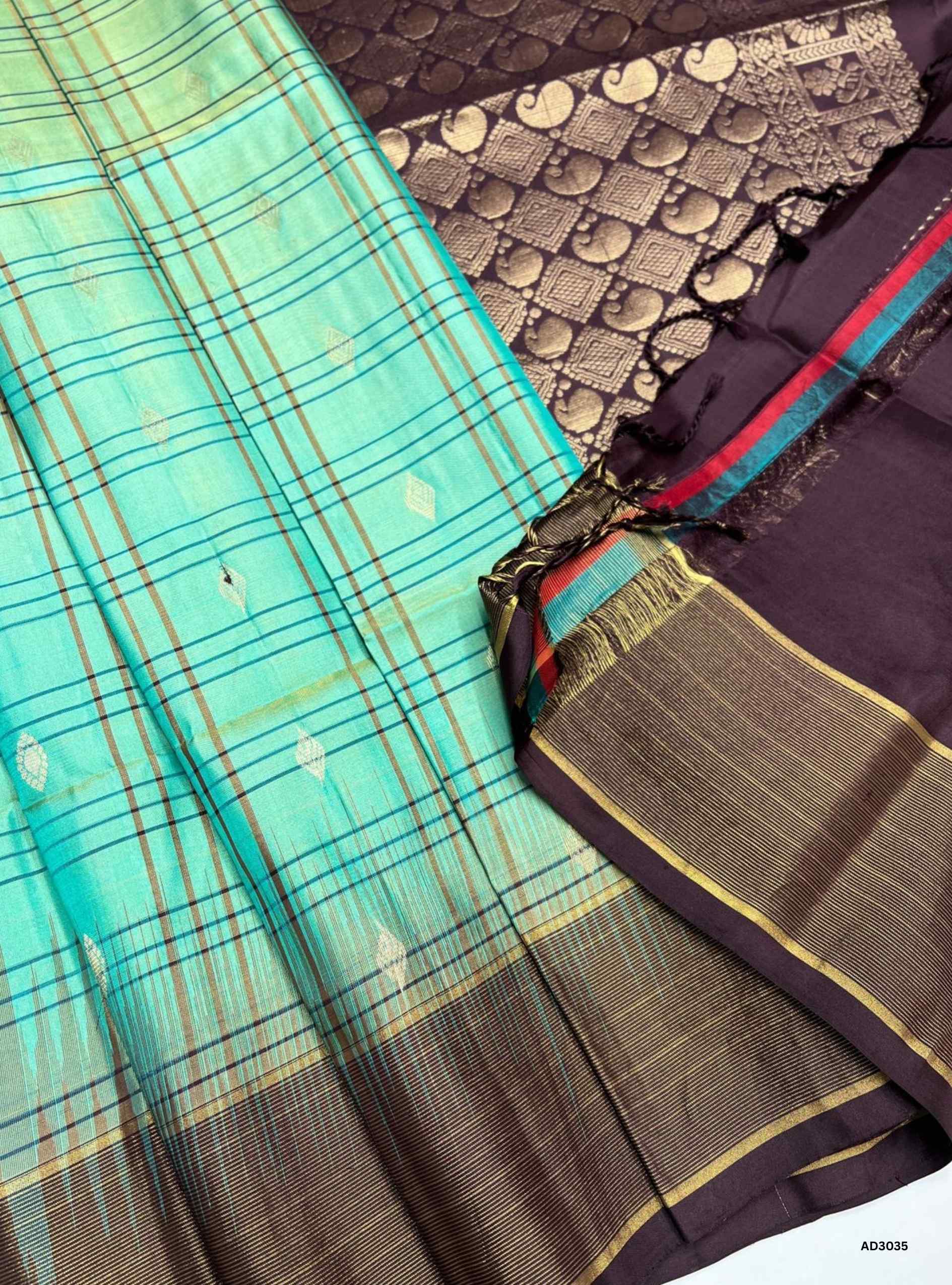 Mint Green & Coffee Brown  - Soft Silk Saree