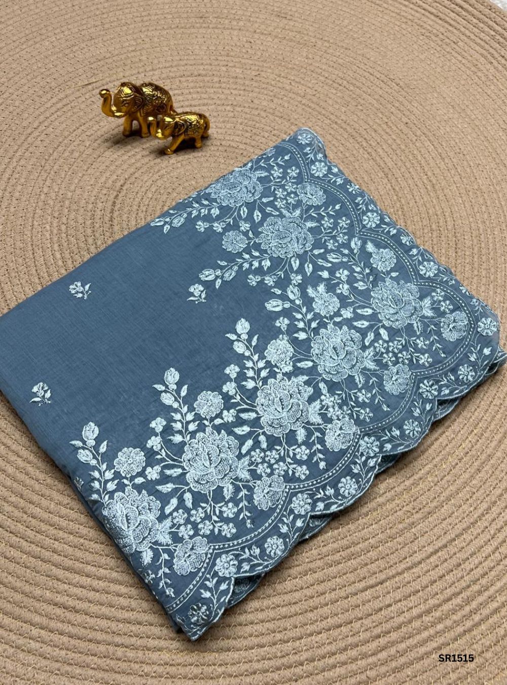 Grey - Mul chanderi Thread Embroided Saree