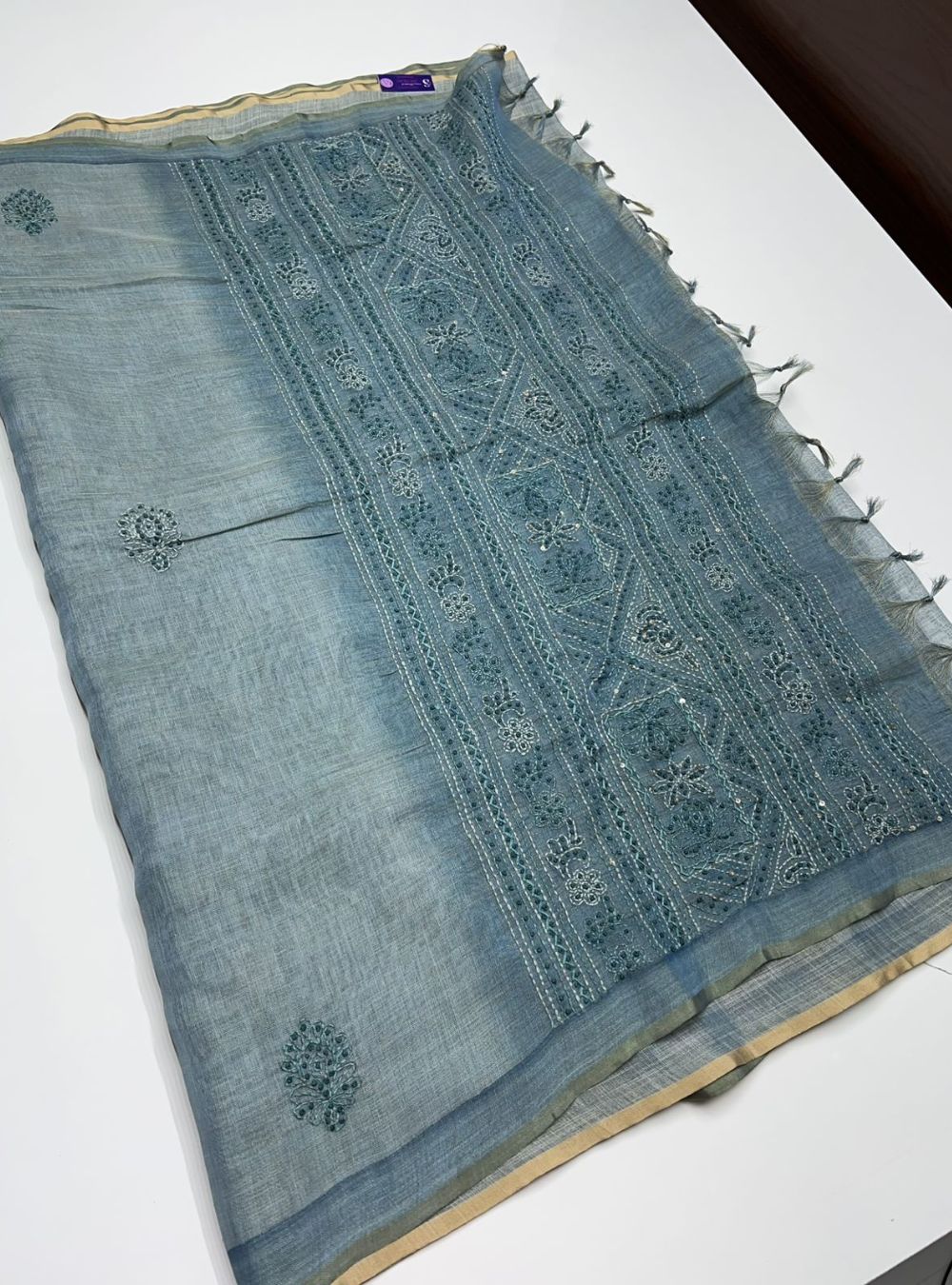 Dusty Blue - French knot Saree