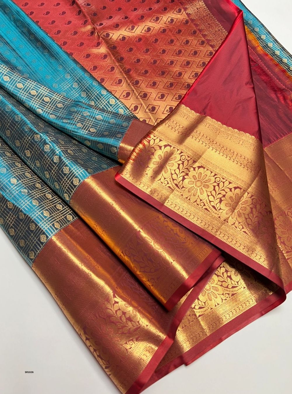 Peacock Green & Maroon - Semi Kanjeevaram Saree