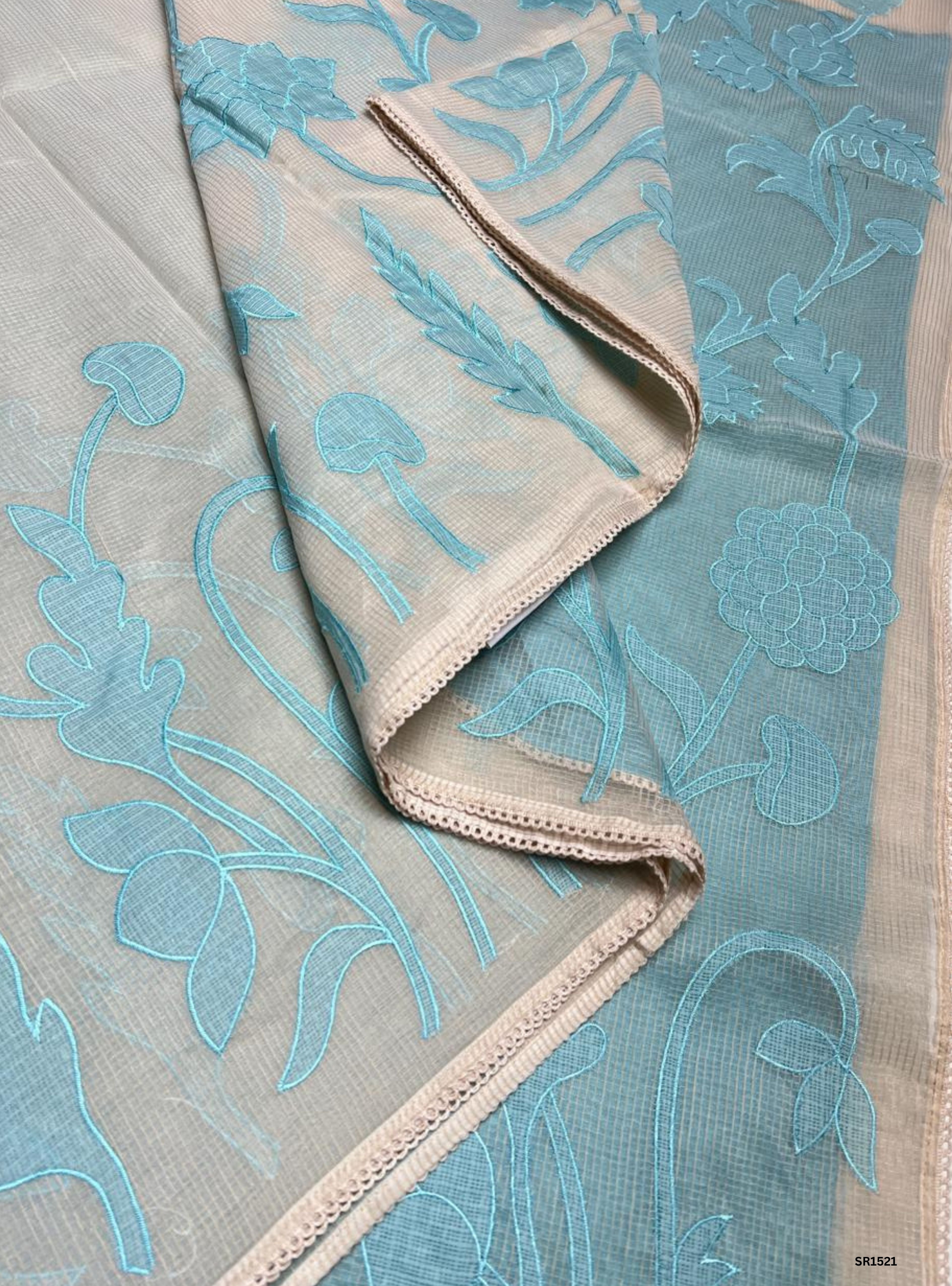 Half White & Baby Blue - Kota Applique Work Saree