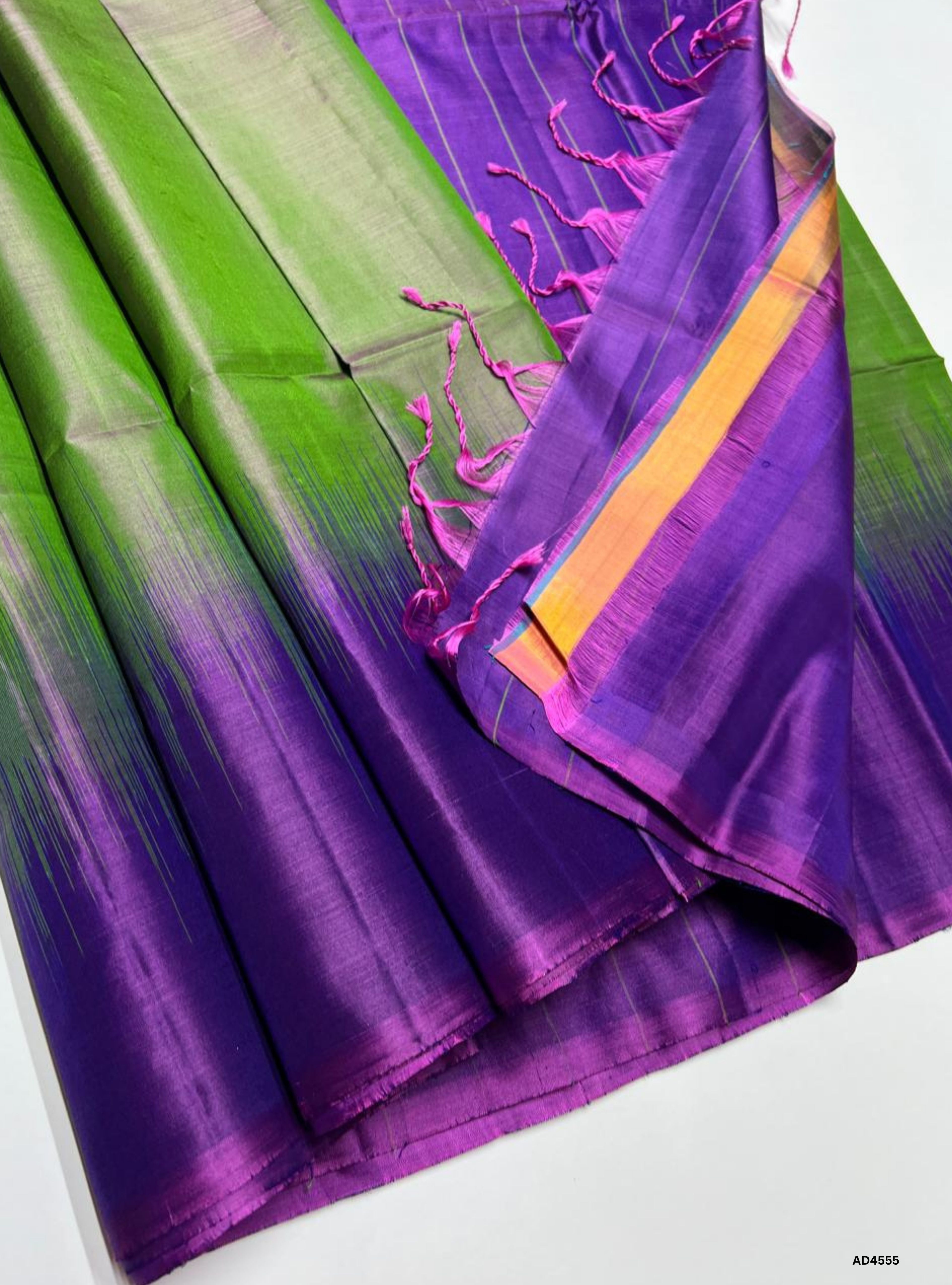 Green & Purple - Contrast Plain Soft Silk Saree