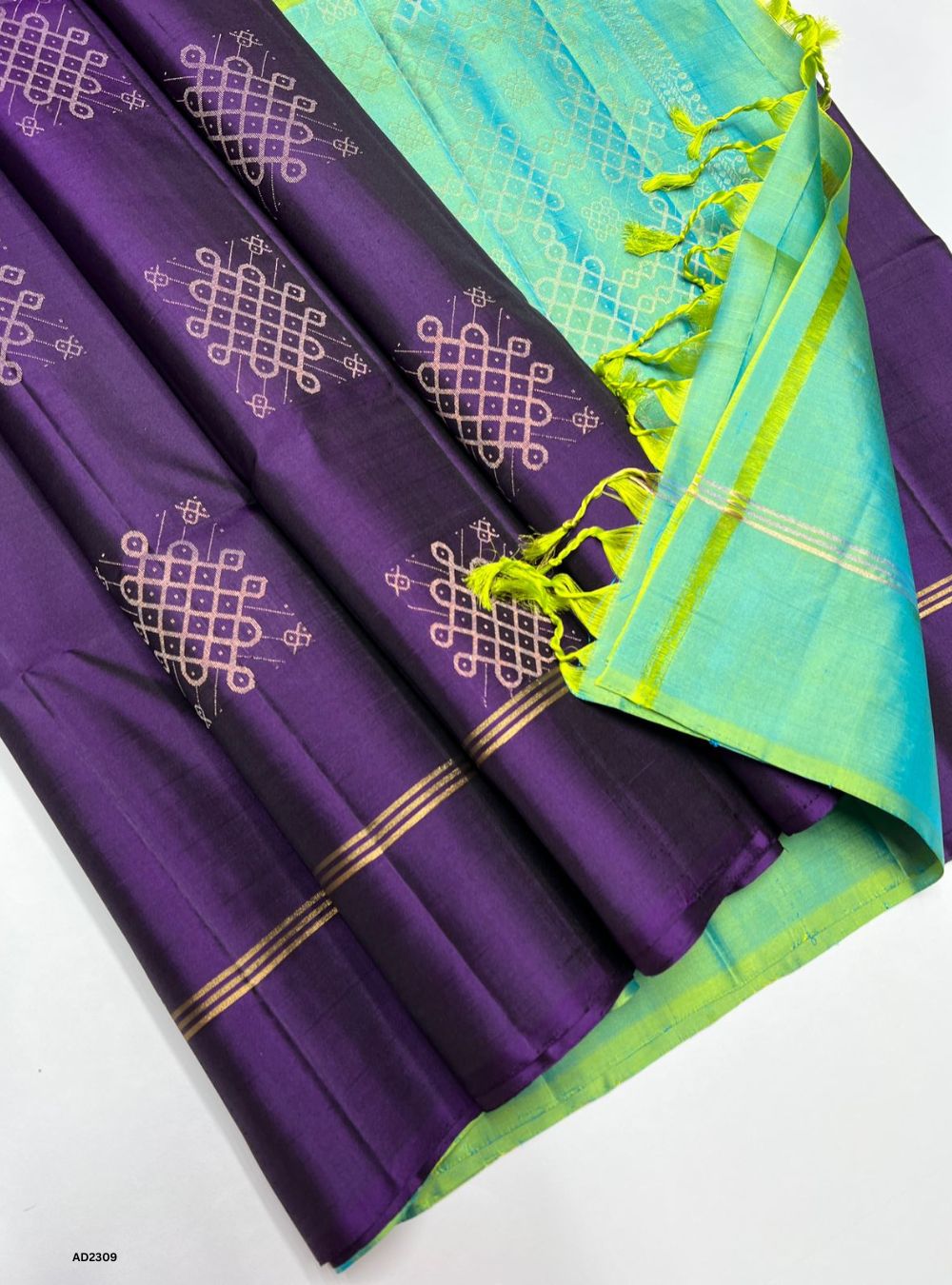 Purple & Sea Green - Kolam Soft Silk Saree