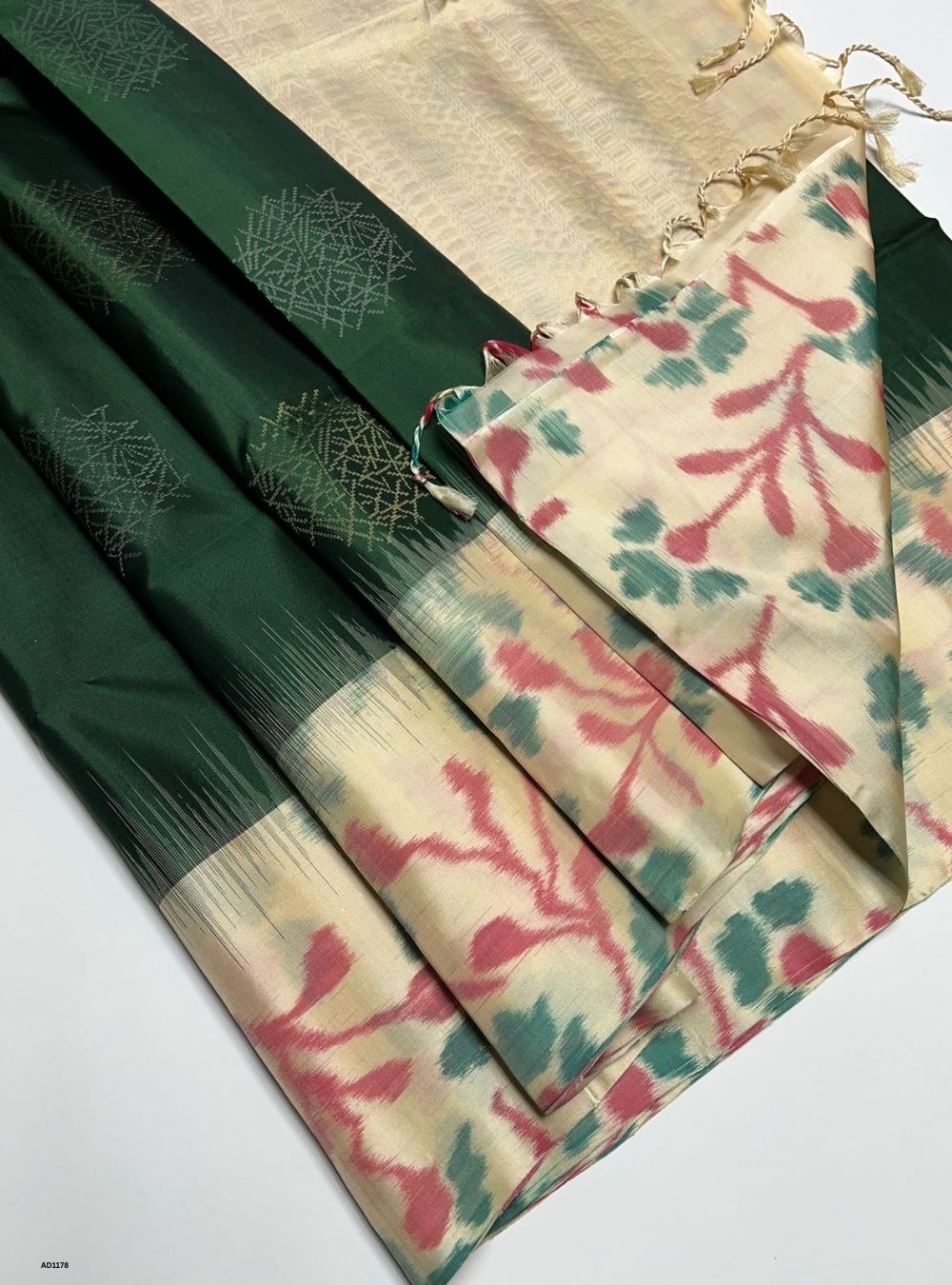 Dark Green & Cream - Soft Silk Saree