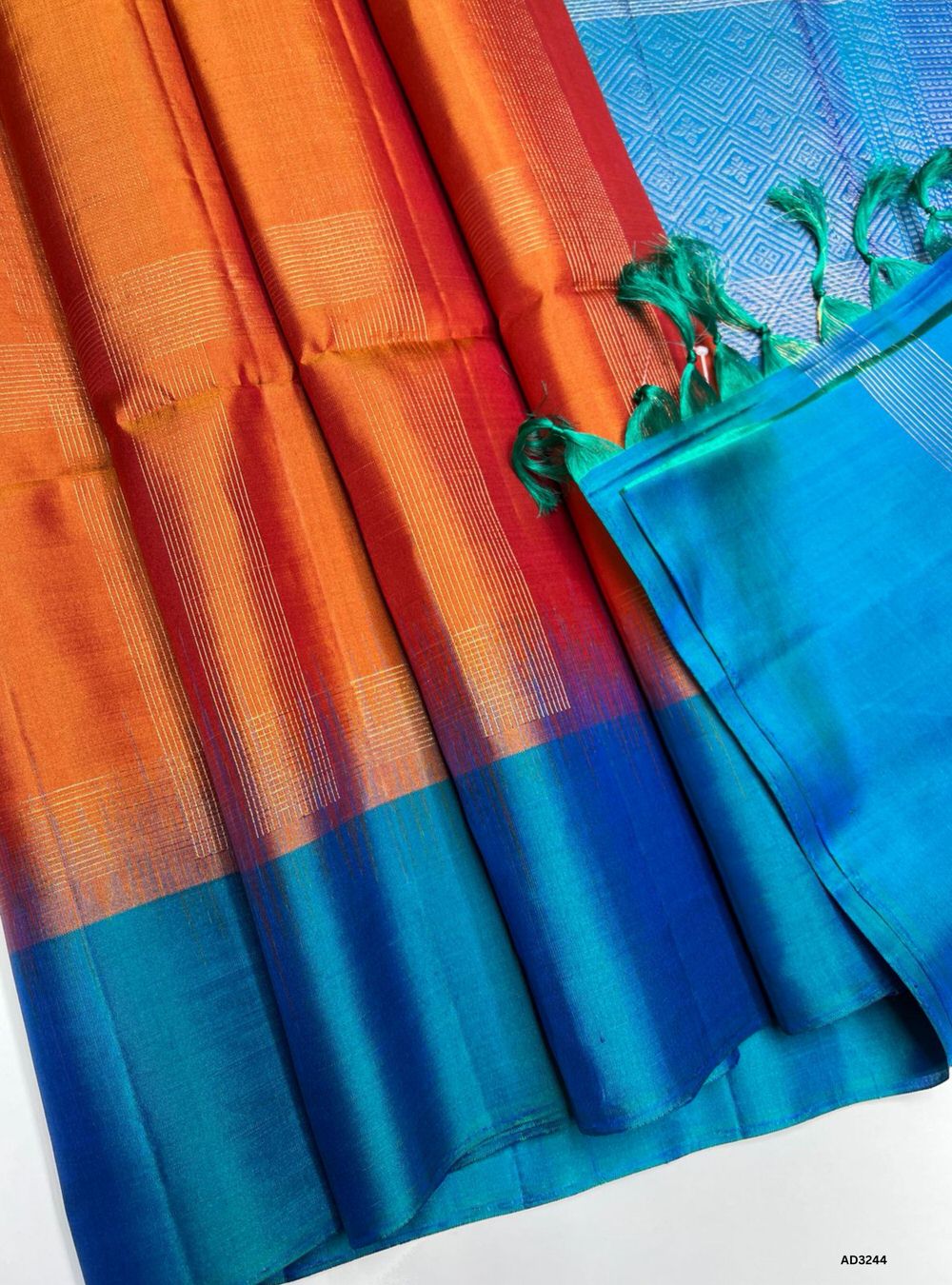Orange & Peacock Blue - Soft Silk Saree