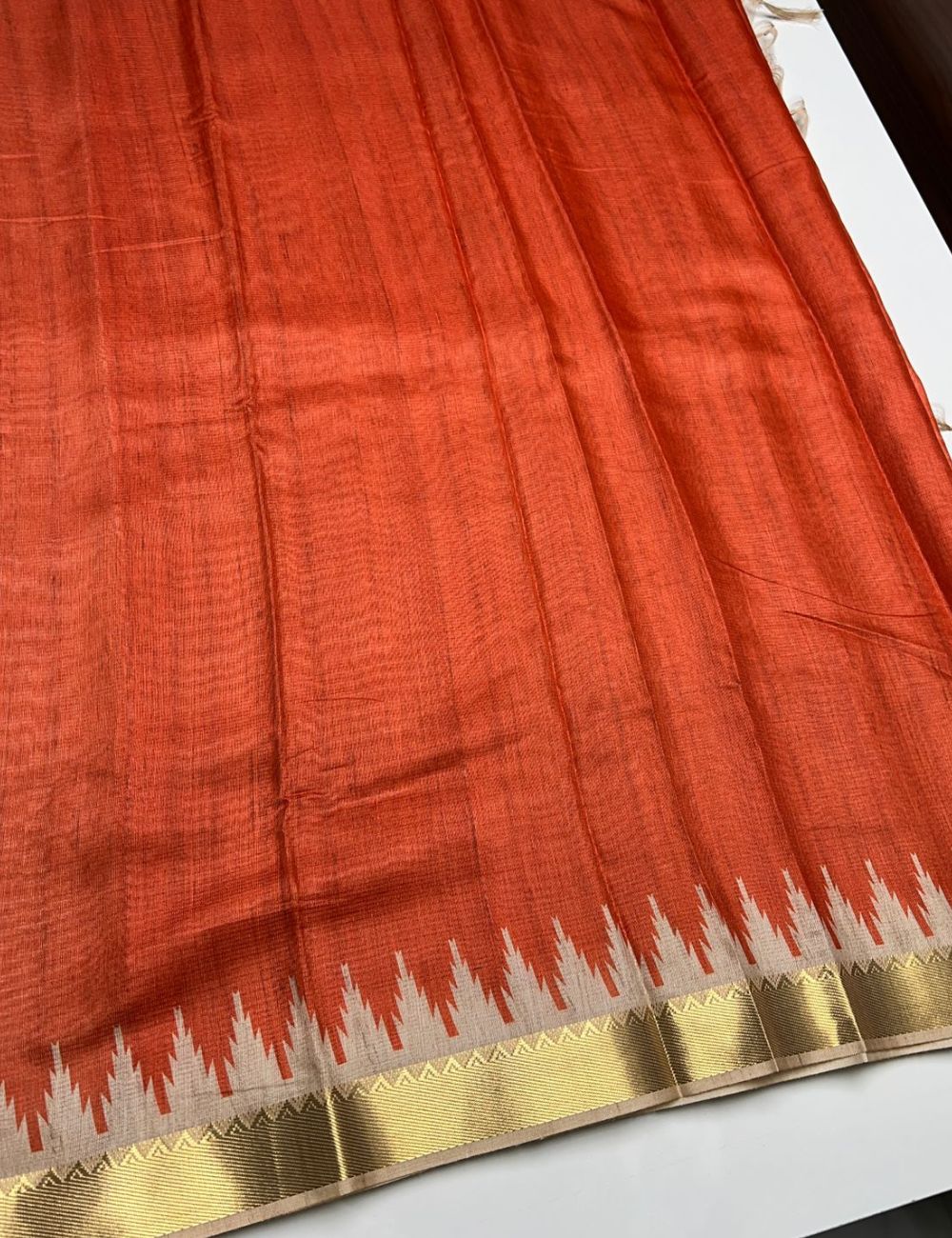 Orange Color -  Plain Semi Tusser Saree