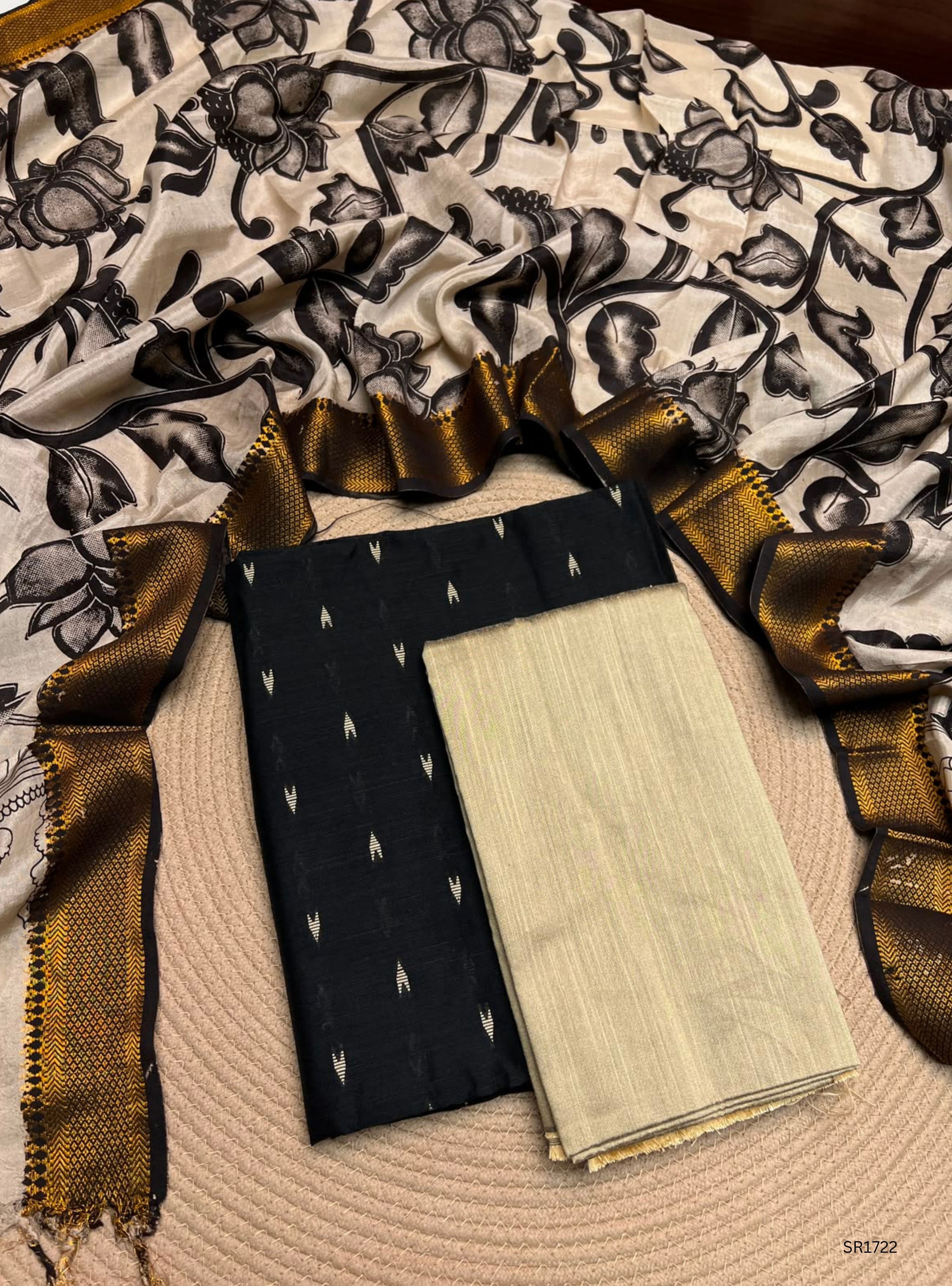 Black- Raw Silk X Kalamkari Unstiched Suit 3 Pc Set