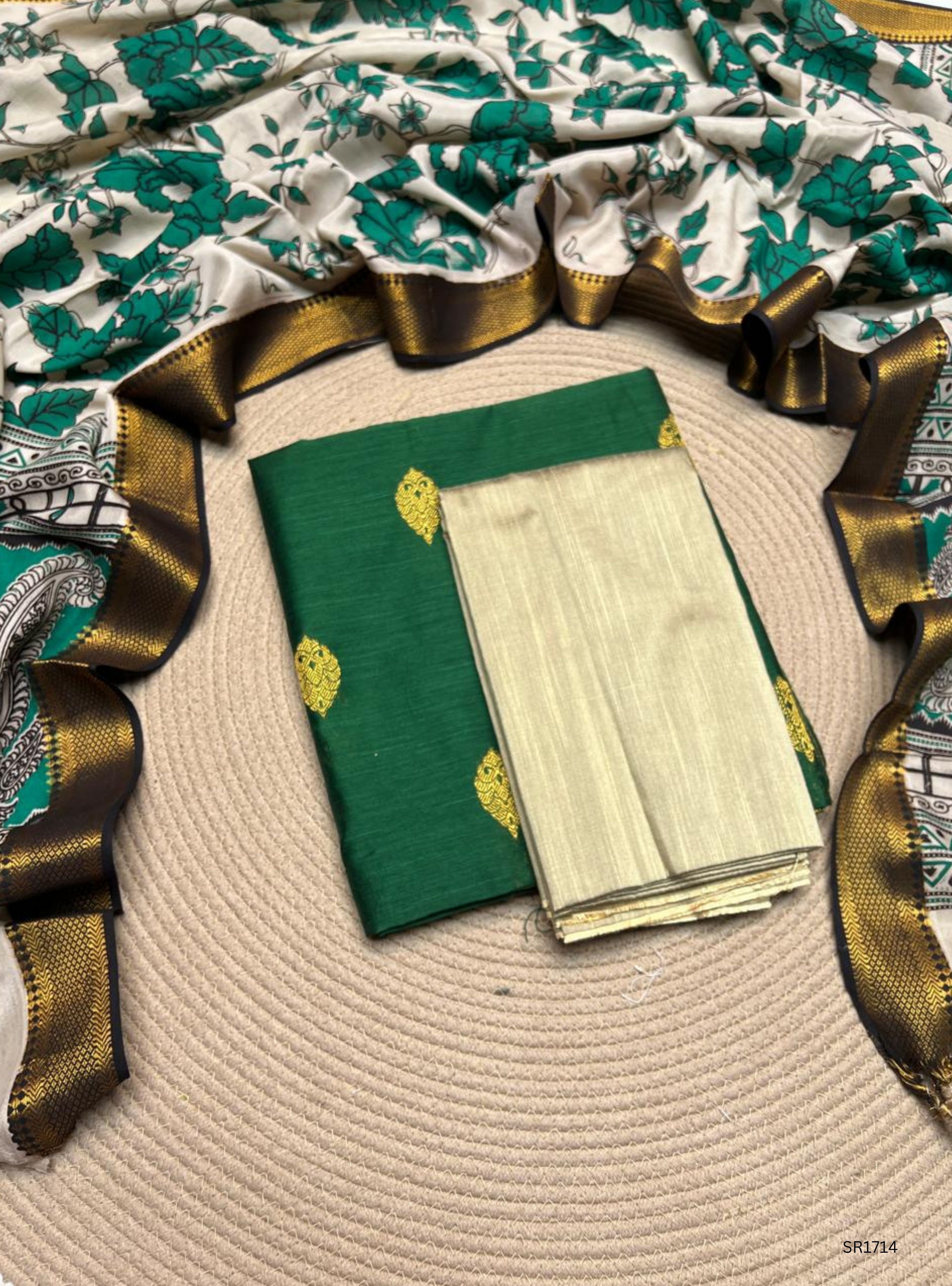 Green - Raw Silk X Kalamkari Unstiched Suit 3 Pc Set
