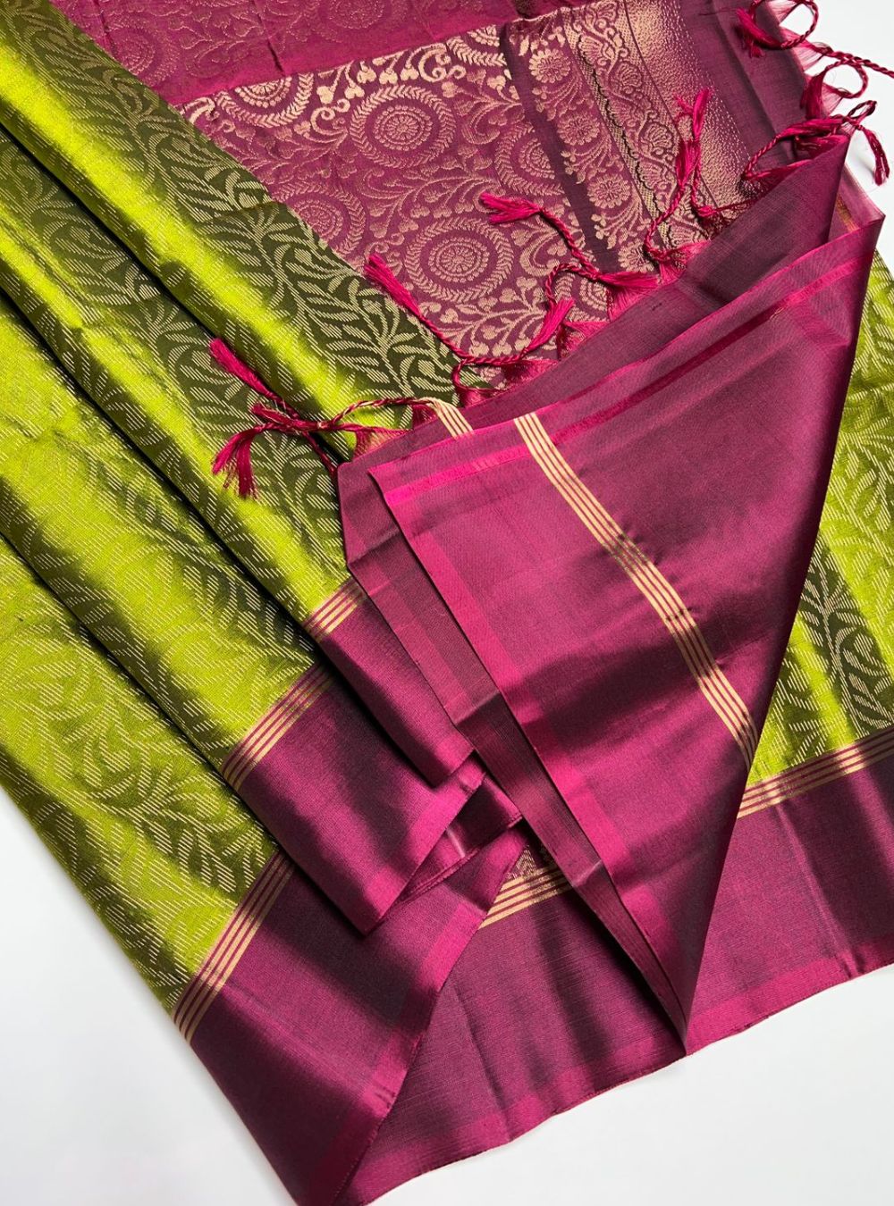 Lime Green & Magenta - Soft Silk Saree