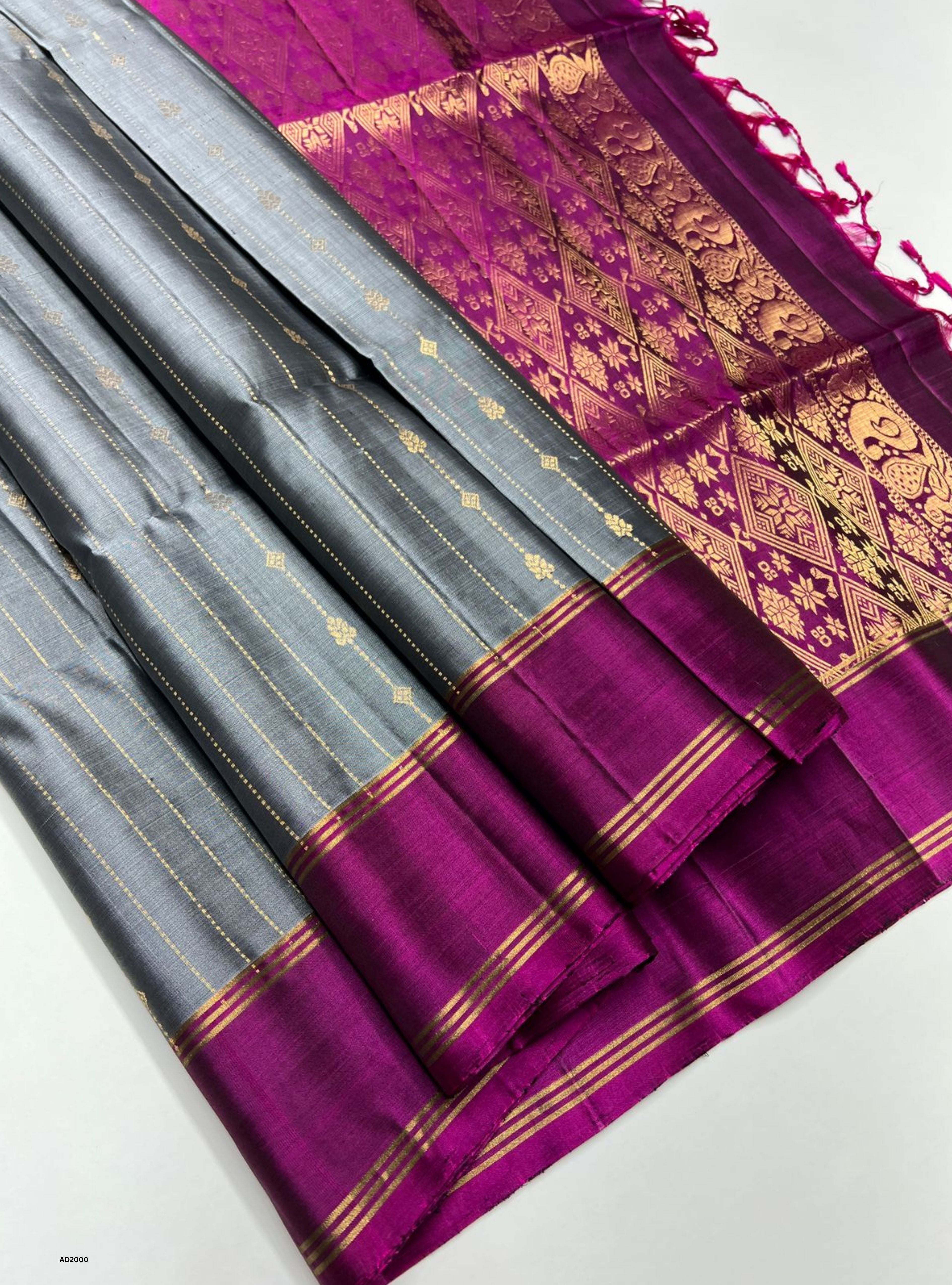 Grey & Dark Raspberry - Soft Silk Saree