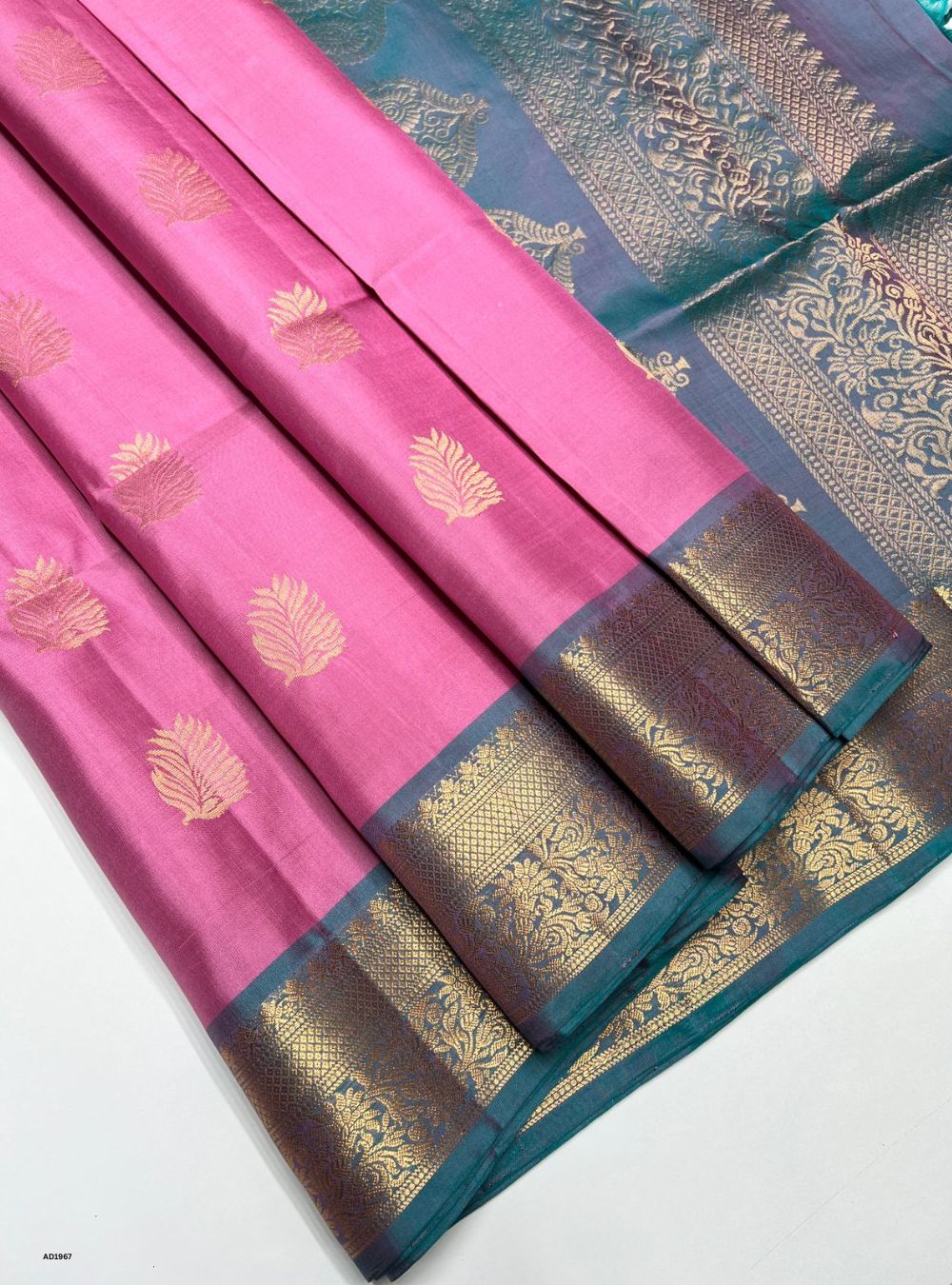 Lotus Pink & Green - Soft Silk Saree
