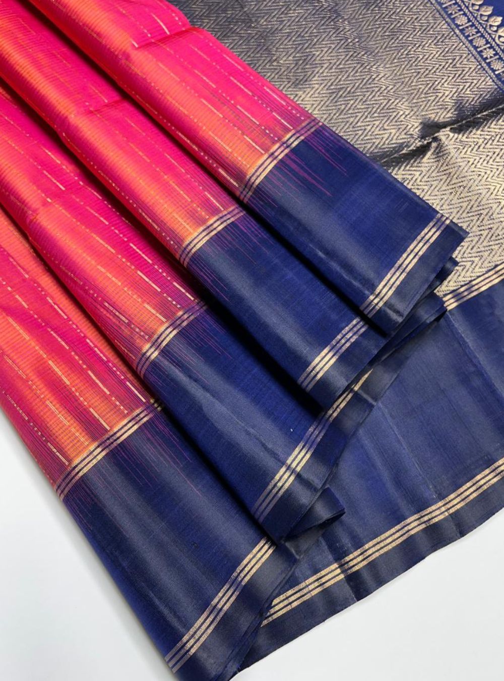 Orangish Pink & Navy - Soft Silk Saree