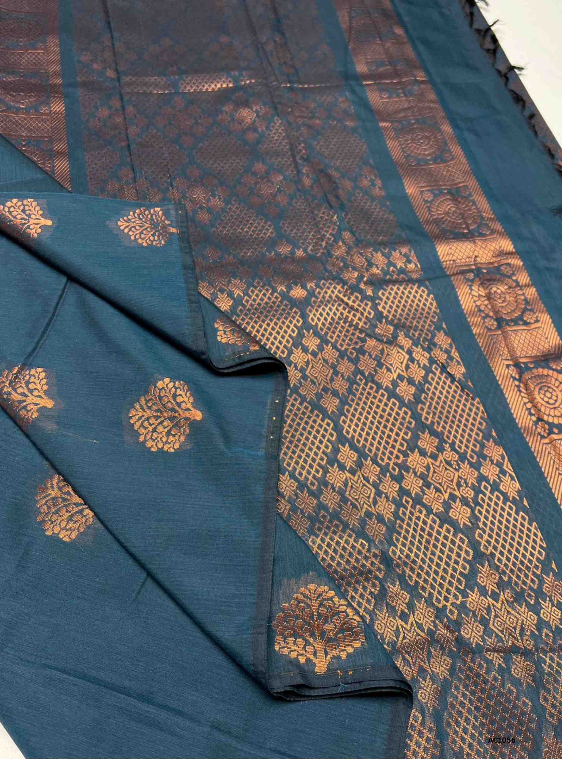 Soft Cotton Bhutta saree in Peacock Blue color
