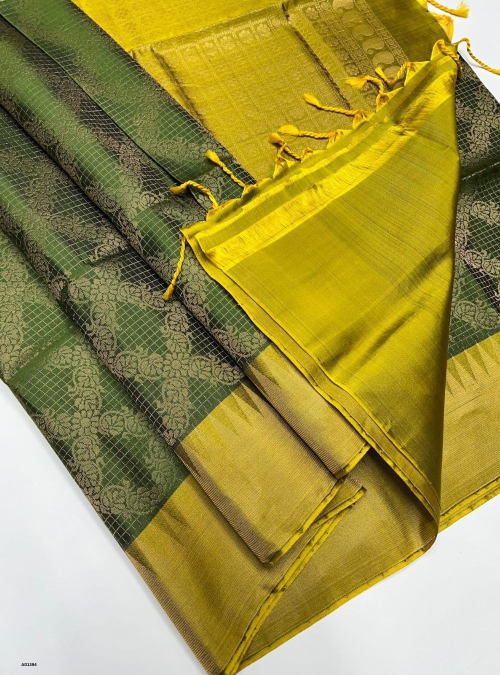 Army Green & Greenish Yellow - Soft Silk Saree