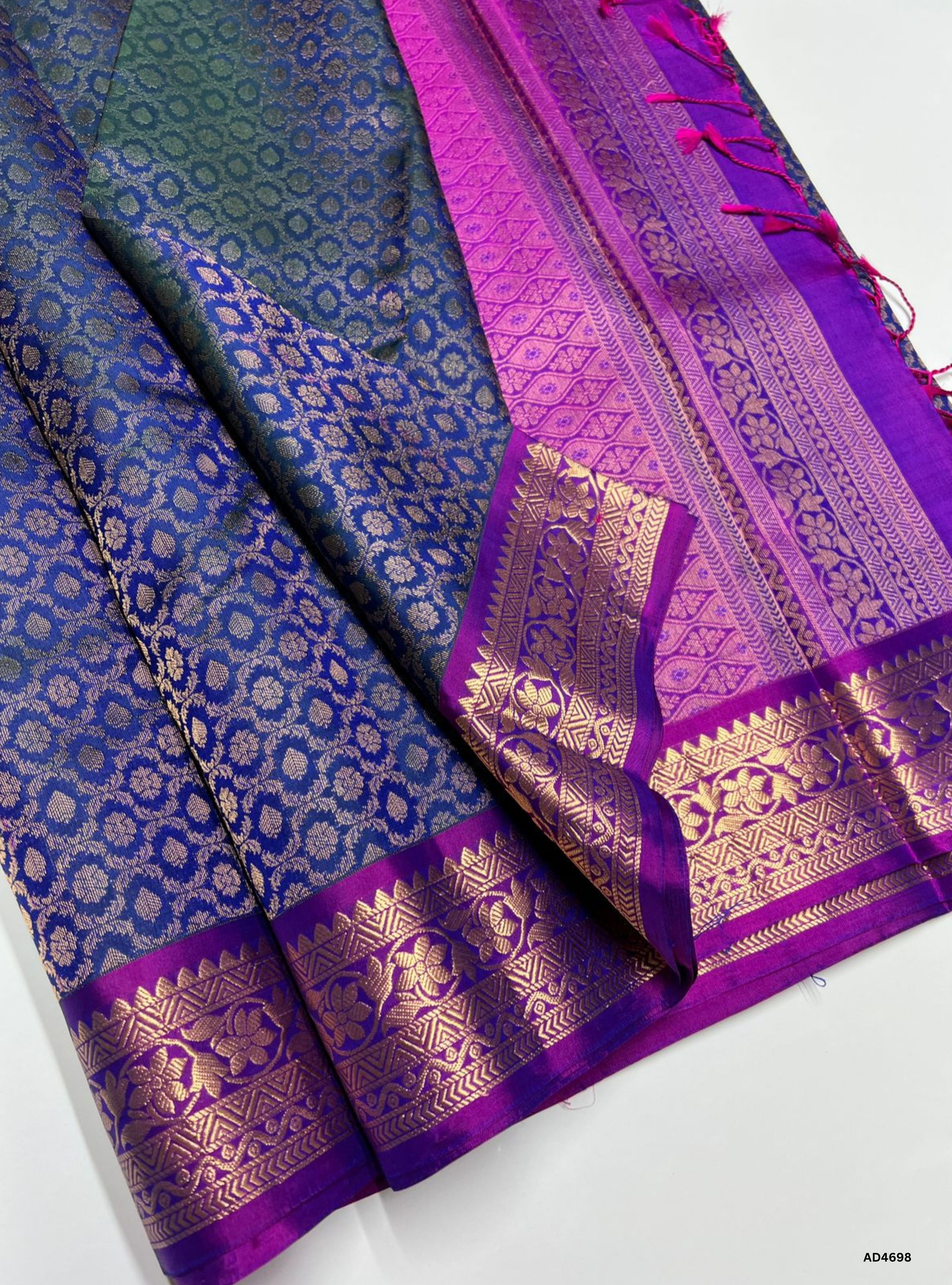Peacock Blue & Purple - Empose Kanchi Border Soft Silk Saree