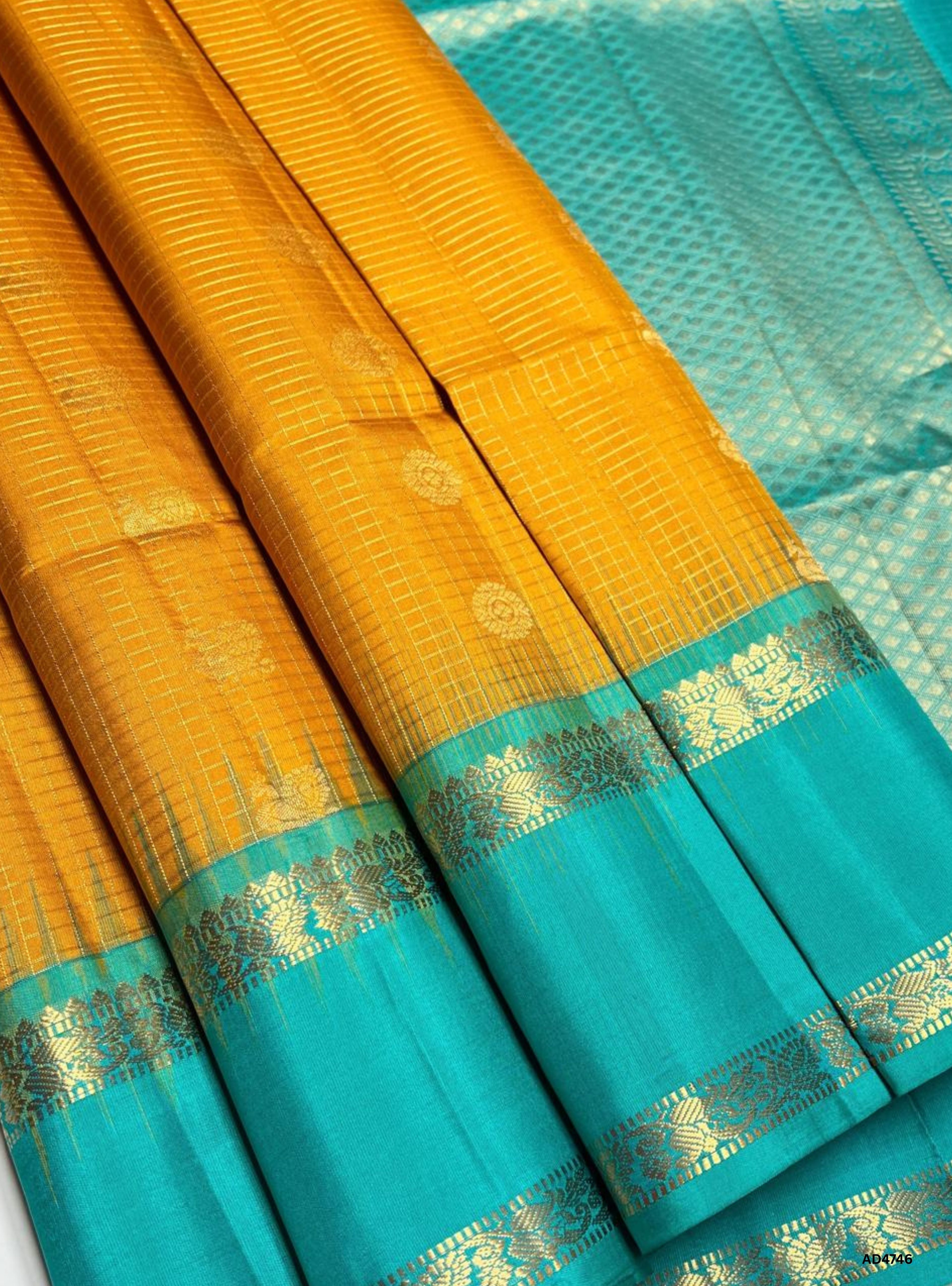 Mango Yellow & Rama Blue - Checkerd Retta Pet Soft Silk Saree